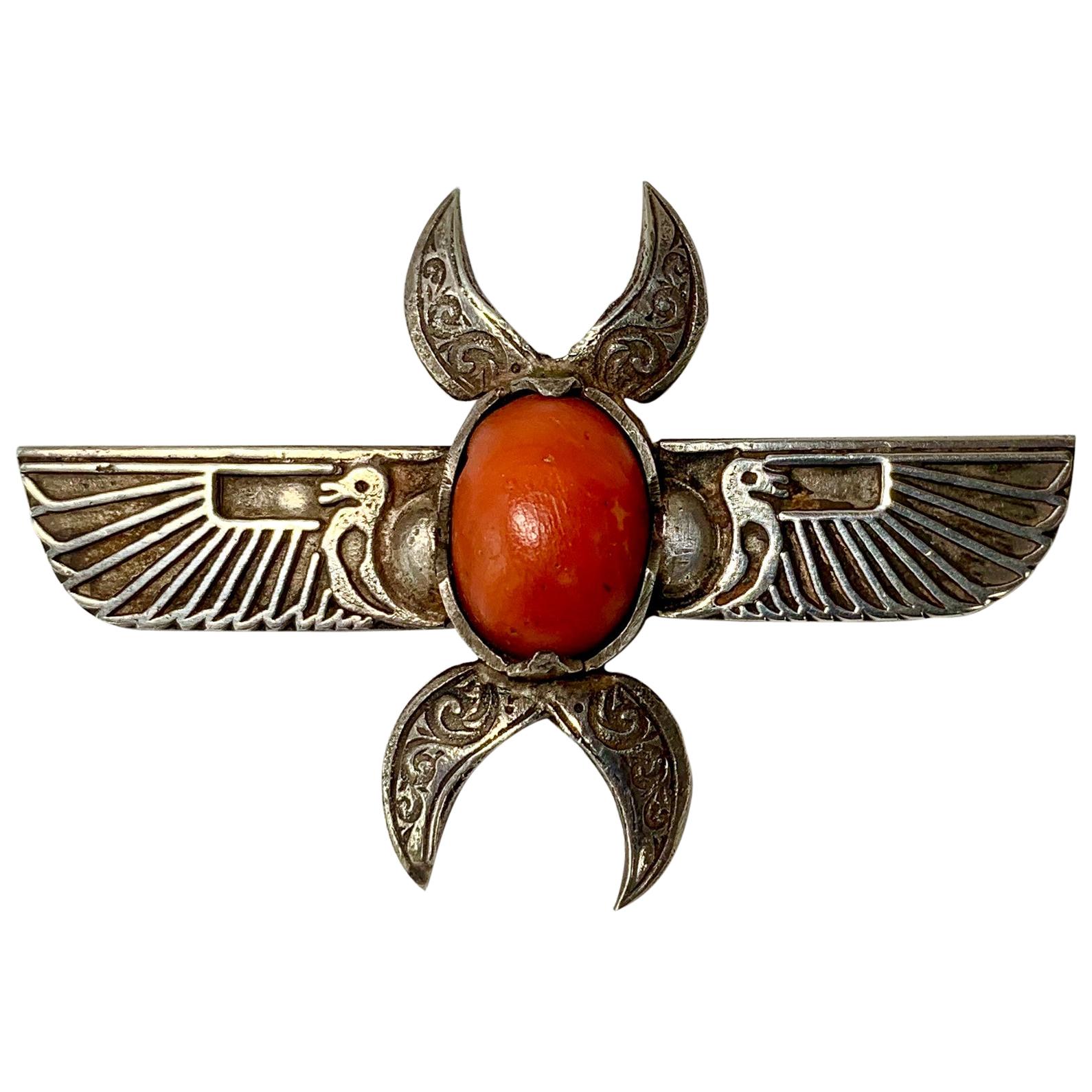 Egyptian Revival Coral Winged Scarab Horus Brooch Pin Art Deco Silver