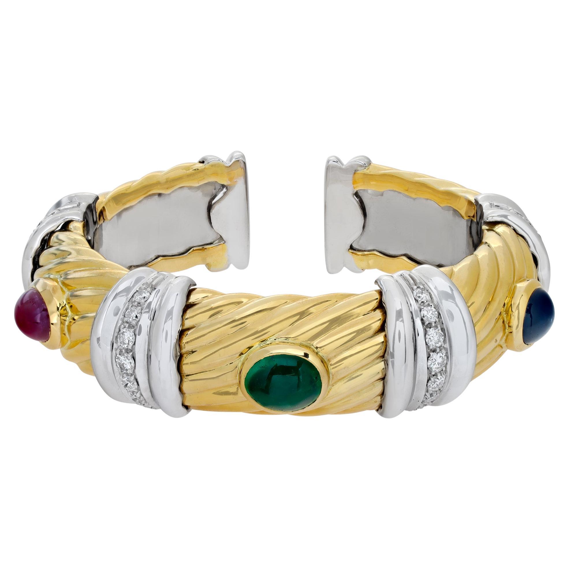Egyptian revival, cuff bangle with diamonds, emerald, ruby, sapphire 18K gold