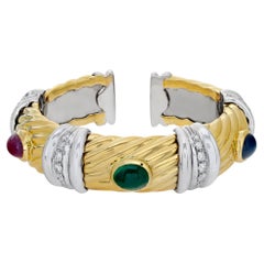 Egyptian revival, cuff bangle with diamonds, emerald, ruby, sapphire 18K gold