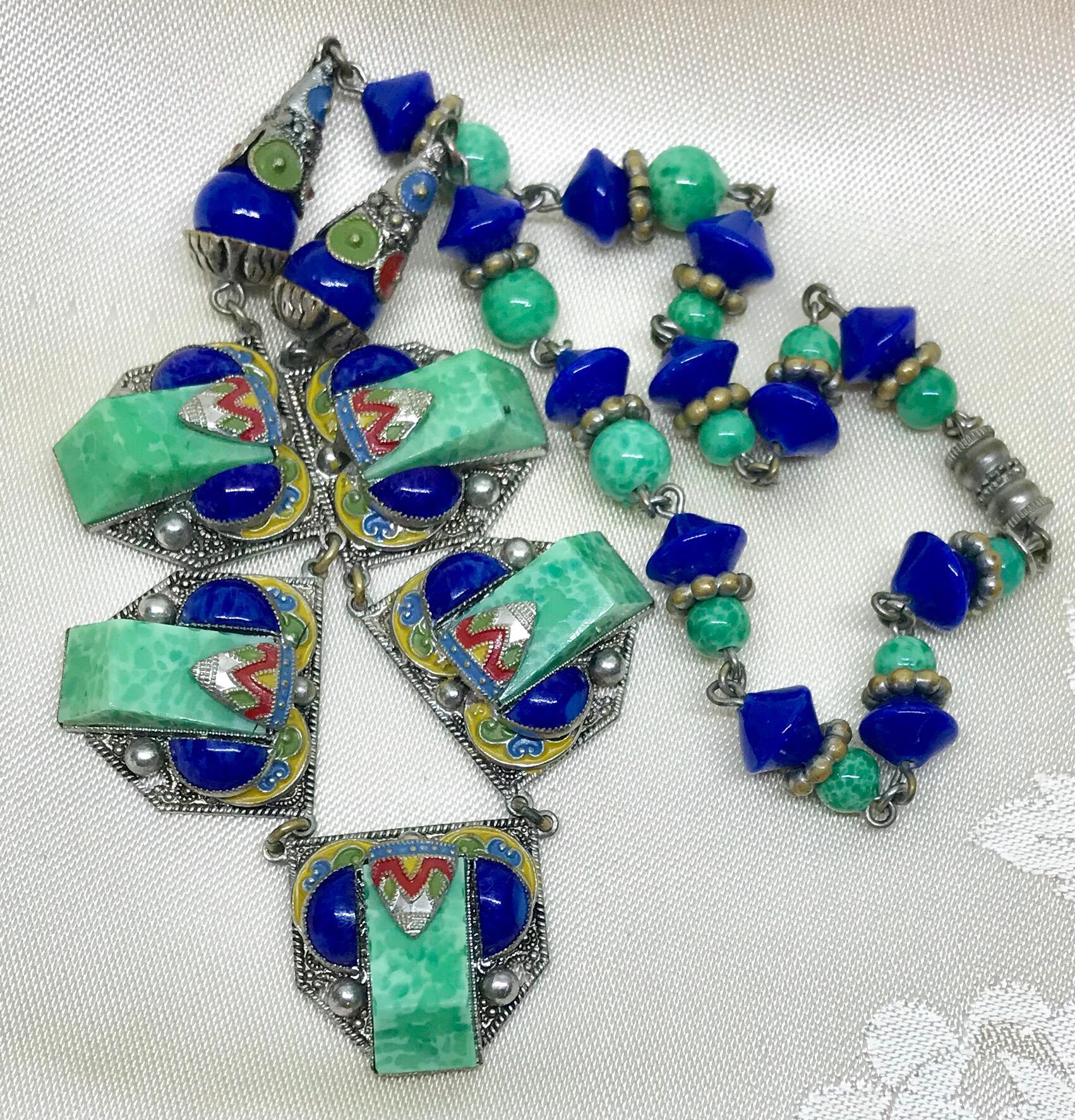 Egyptian Revival Czech Blue and Green Glass Necklace, Circa 1920's In Good Condition In Long Beach, CA