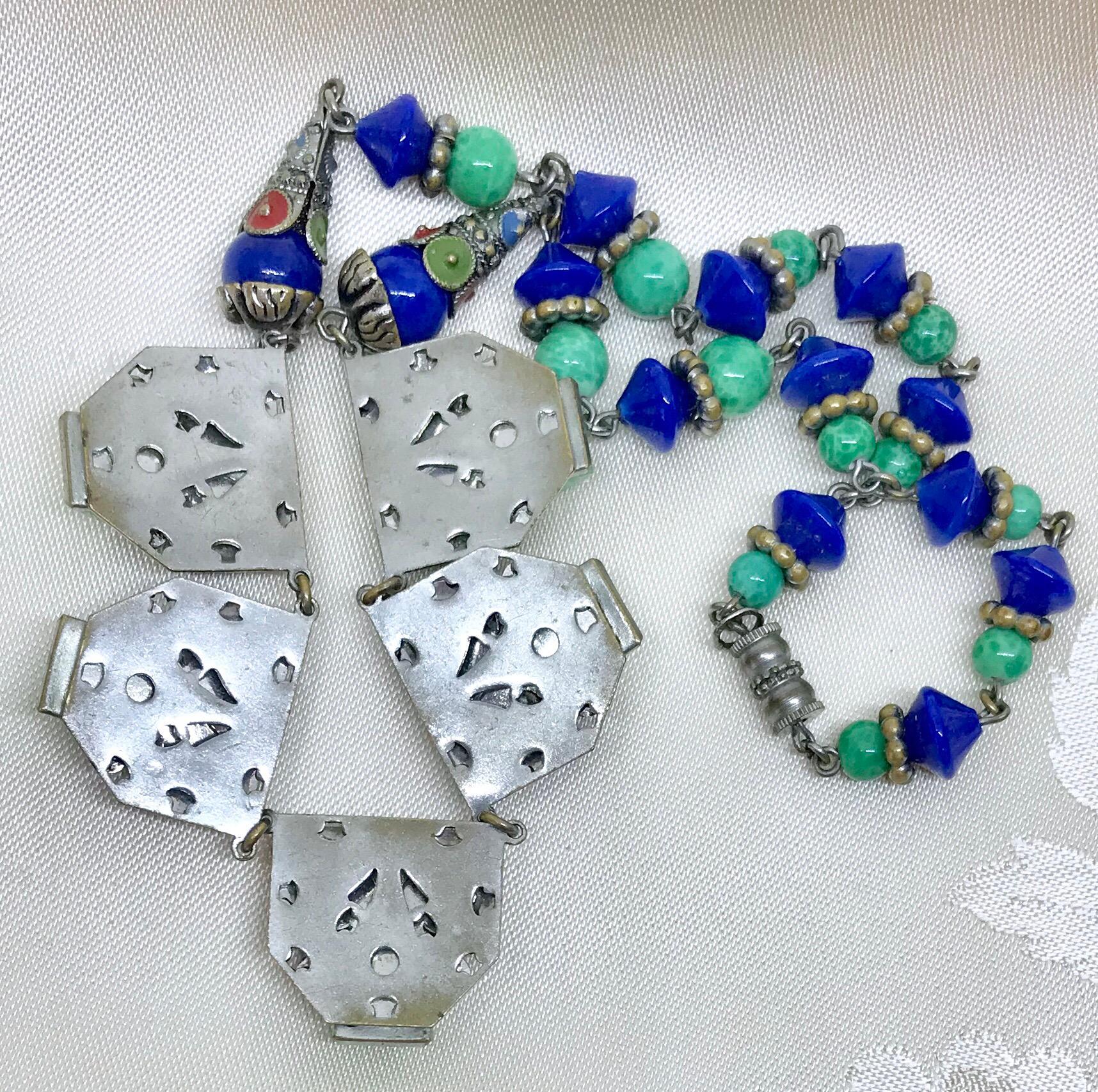 Egyptian Revival Czech Blue and Green Glass Necklace, Circa 1920's 1