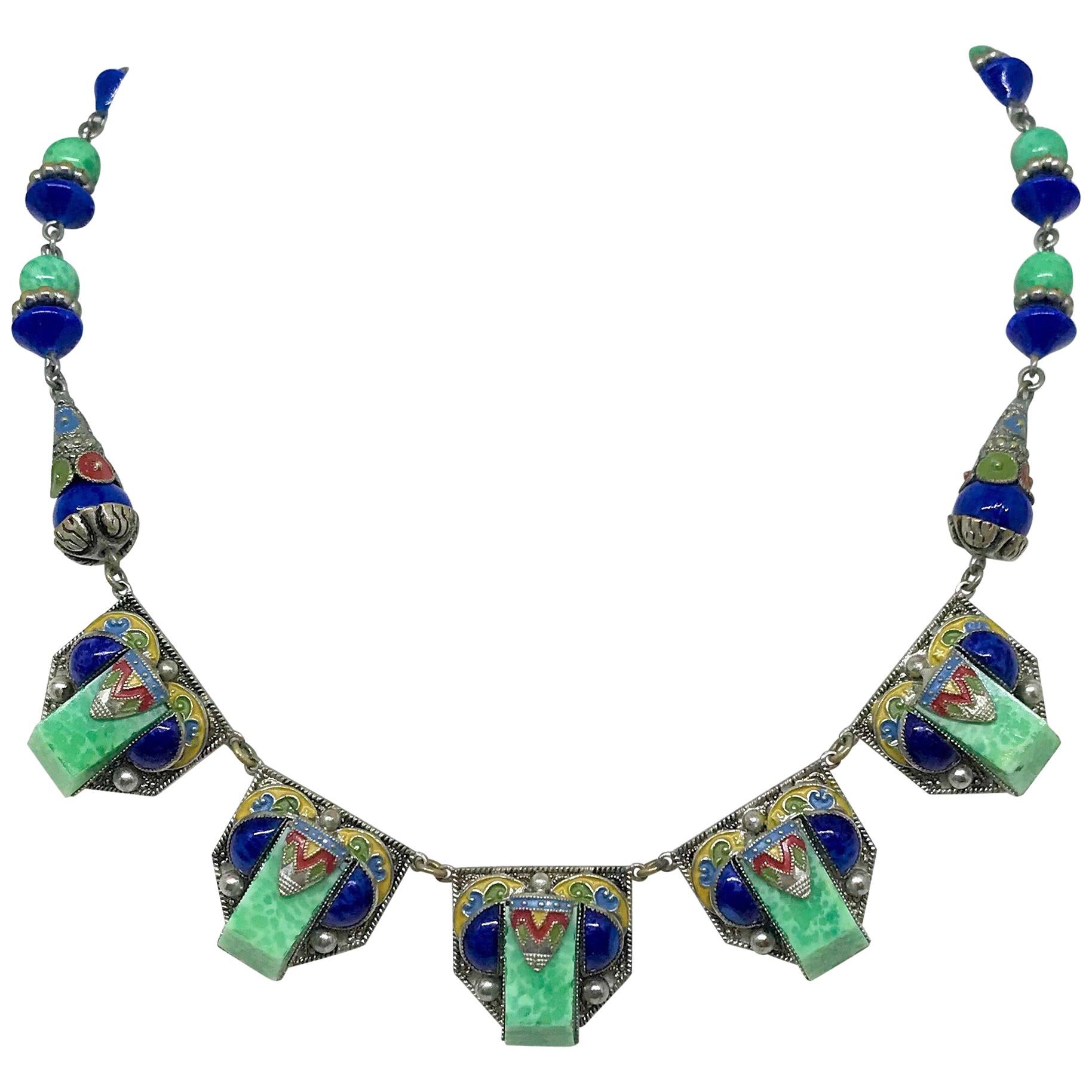 Egyptian Revival Czech Blue and Green Glass Necklace, Circa 1920
s