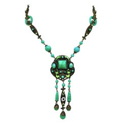 Antique Egyptian Revival Czechoslovakian Green Glass and Enamel Necklace 