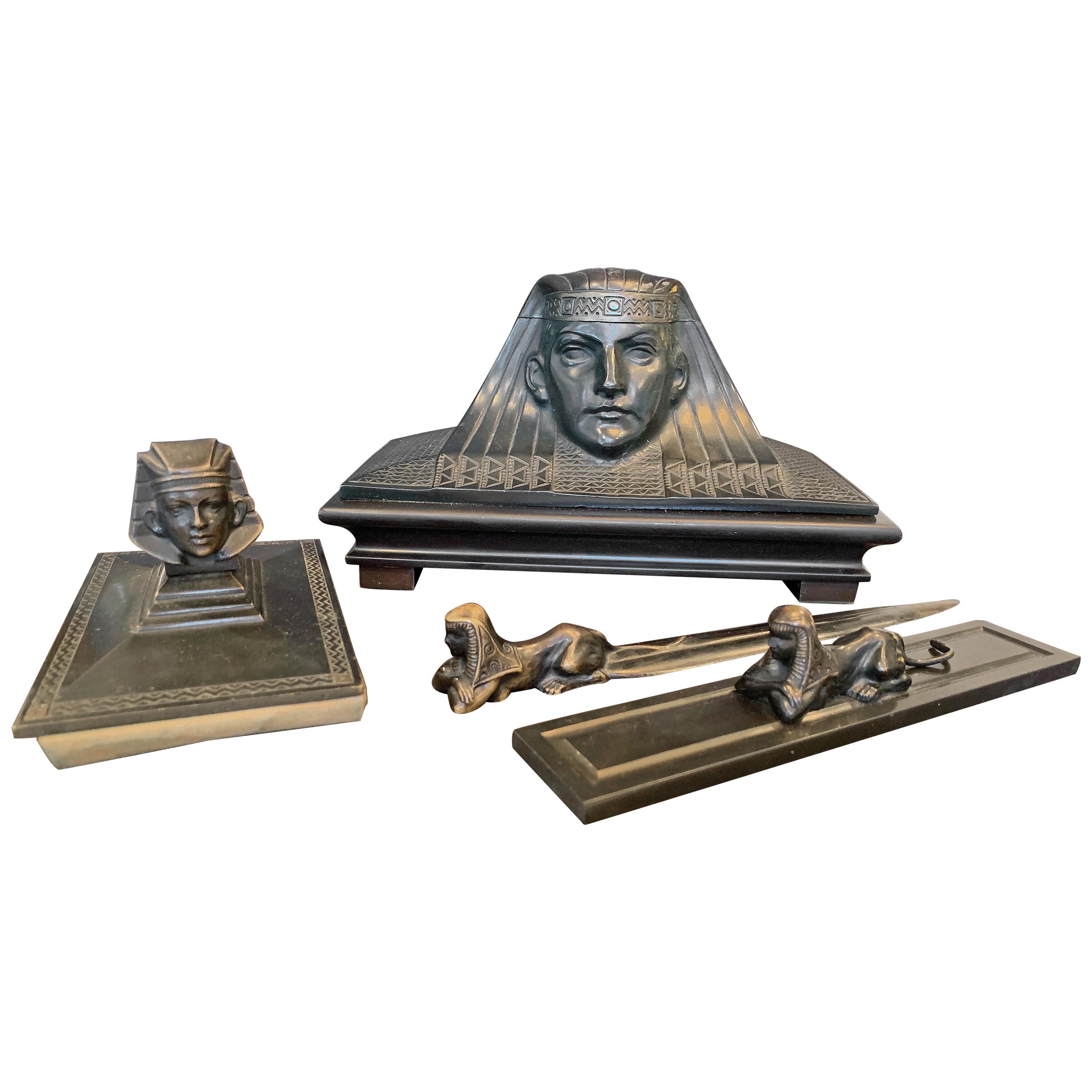 Egyptian Revival Desk Set, Stunning Group of Bronzes for the Desk by Schwarz