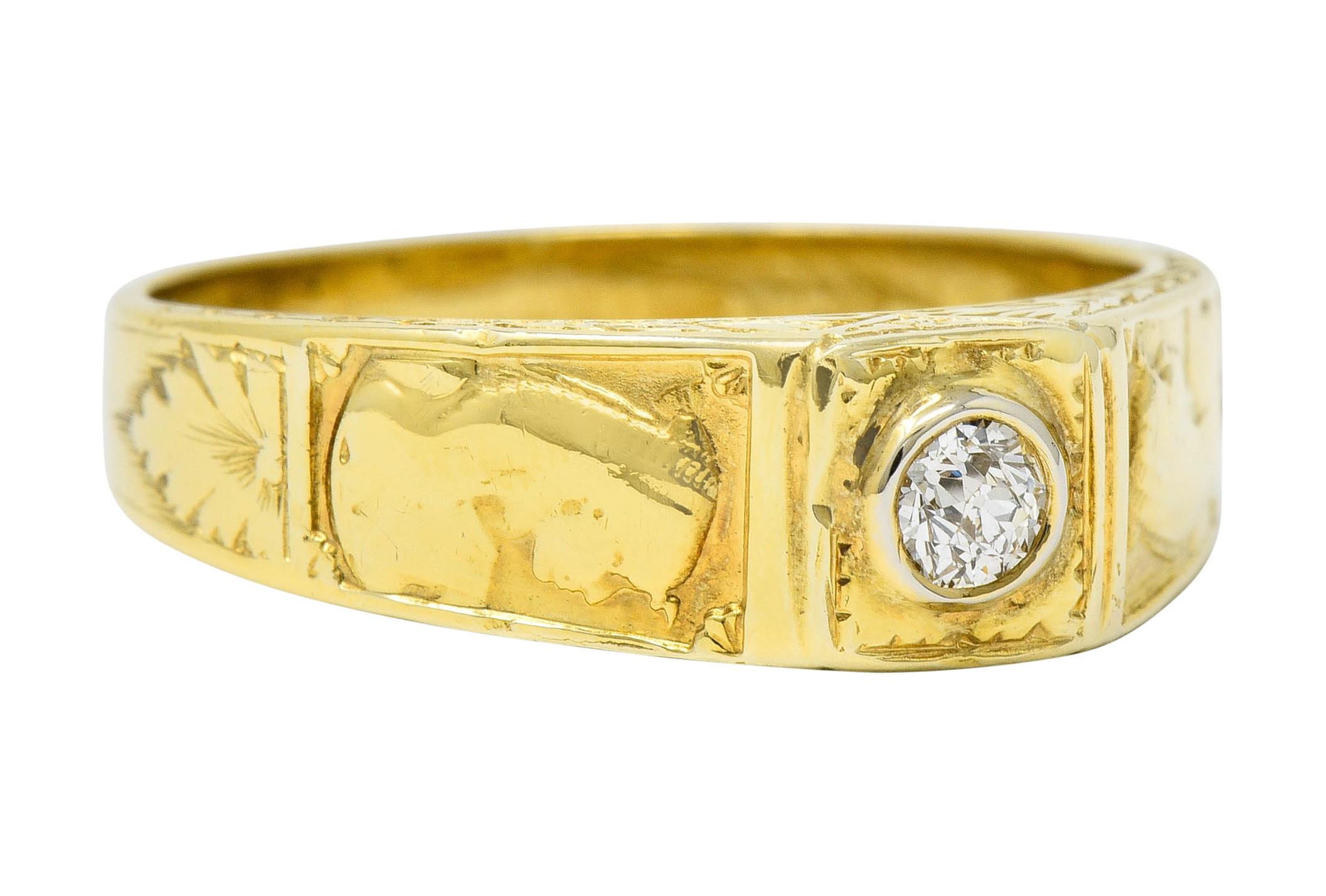 Centering an old European cut diamond weighing approximately 0.16 carat; H/I color with VS clarity

Bezel set low in mounting deeply engraved with lotus, foliate, and pharaoh profiles

Stamped 14K for 14 karat gold

Circa: 1920s

Ring Size: 9 1/4 &
