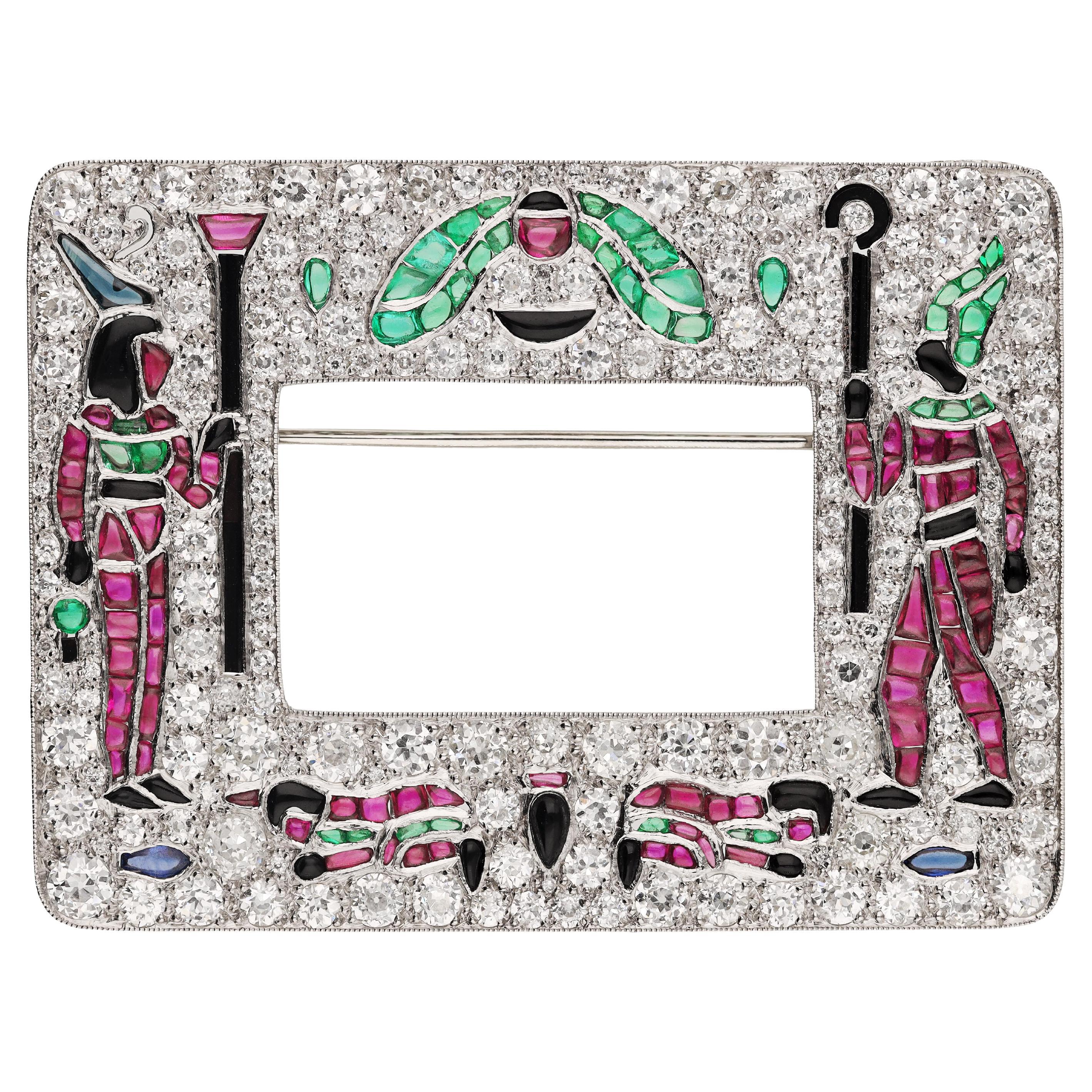 Egyptian Revival Diamond and Gem-Set Brooch in Platinum.