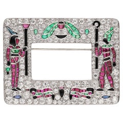 Egyptian Revival Diamond and Gem-Set Brooch in Platinum.
