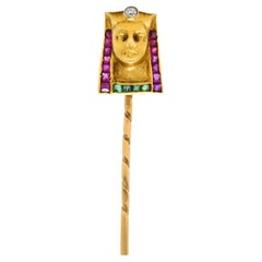 Egyptian Revival Diamond Ruby Emerald 18 Karat Gold Pharaoh Stickpin