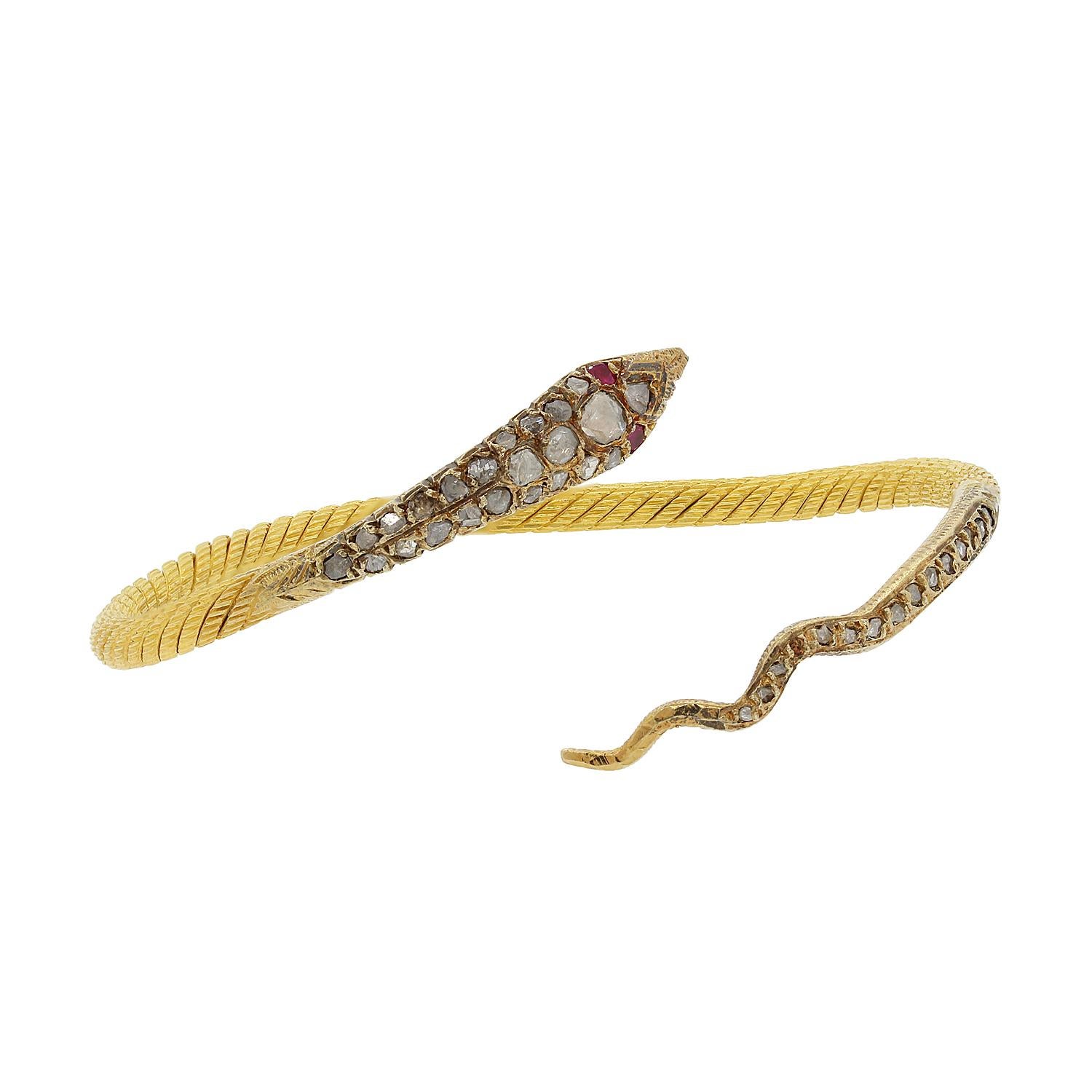 Egyptian Revival Diamond Ruby Gold Serpentine Snake Cuff Bracelet