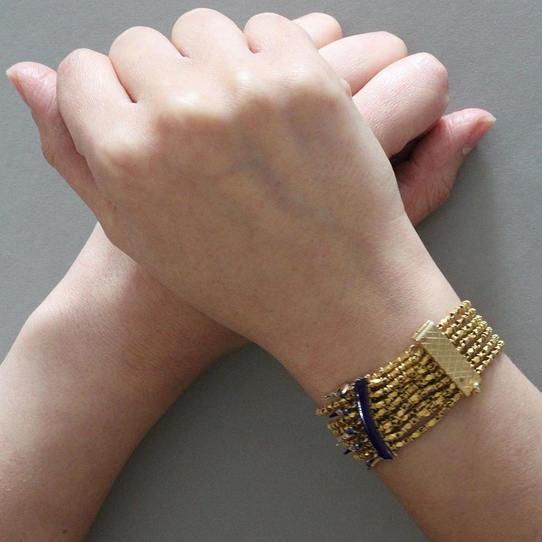 Egyptian Revival Diamond Sapphire Enamel Gold Bracelet For Sale at 1stDibs