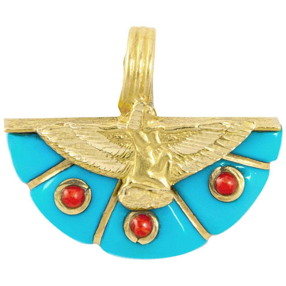 Egyptian Revival Eagle Turquoise Gold 18 Karat Pendant Charm