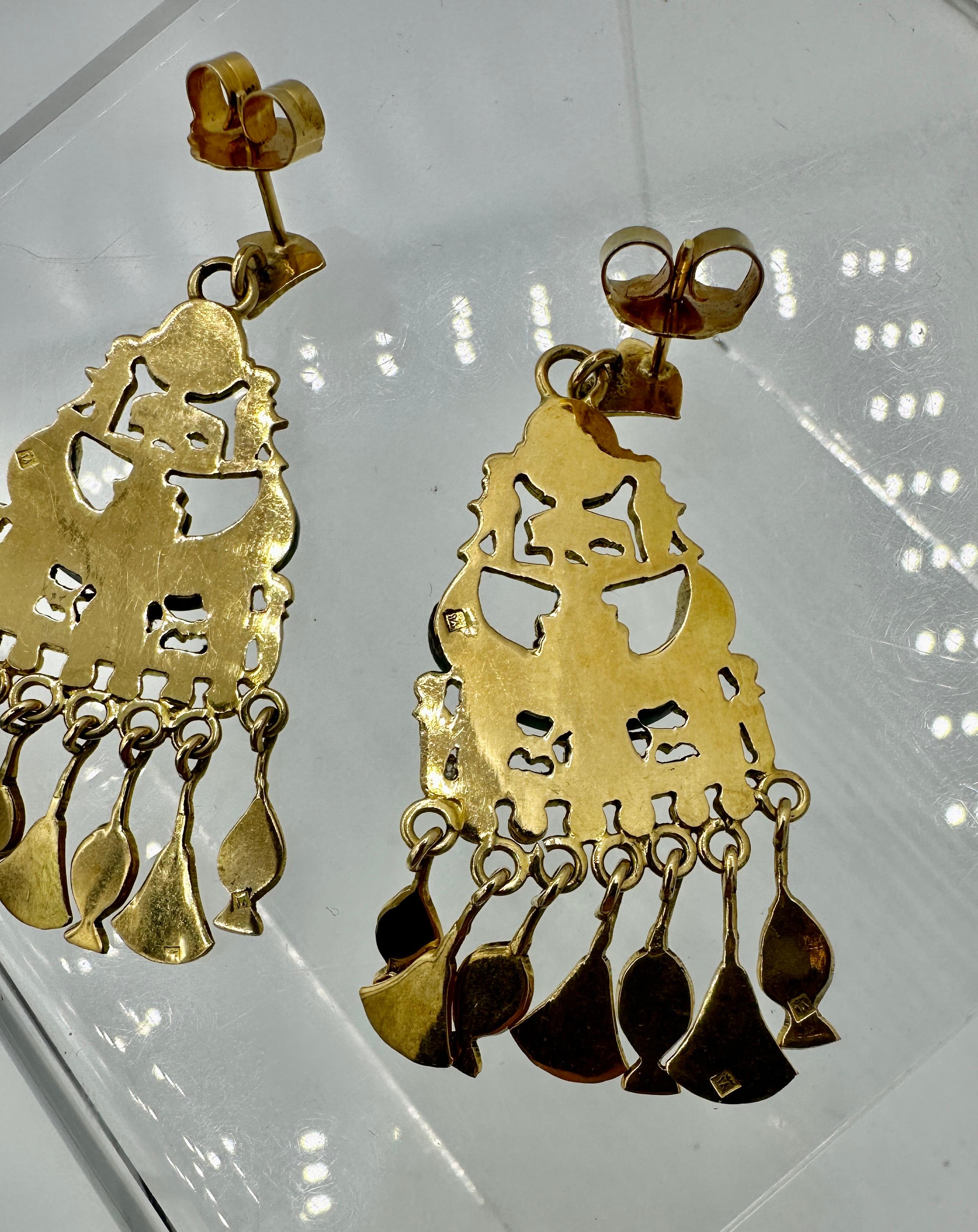Egyptian Revival Earrings Enamel Malachite 18 Karat Gold Scarab Lotus Horus For Sale 6