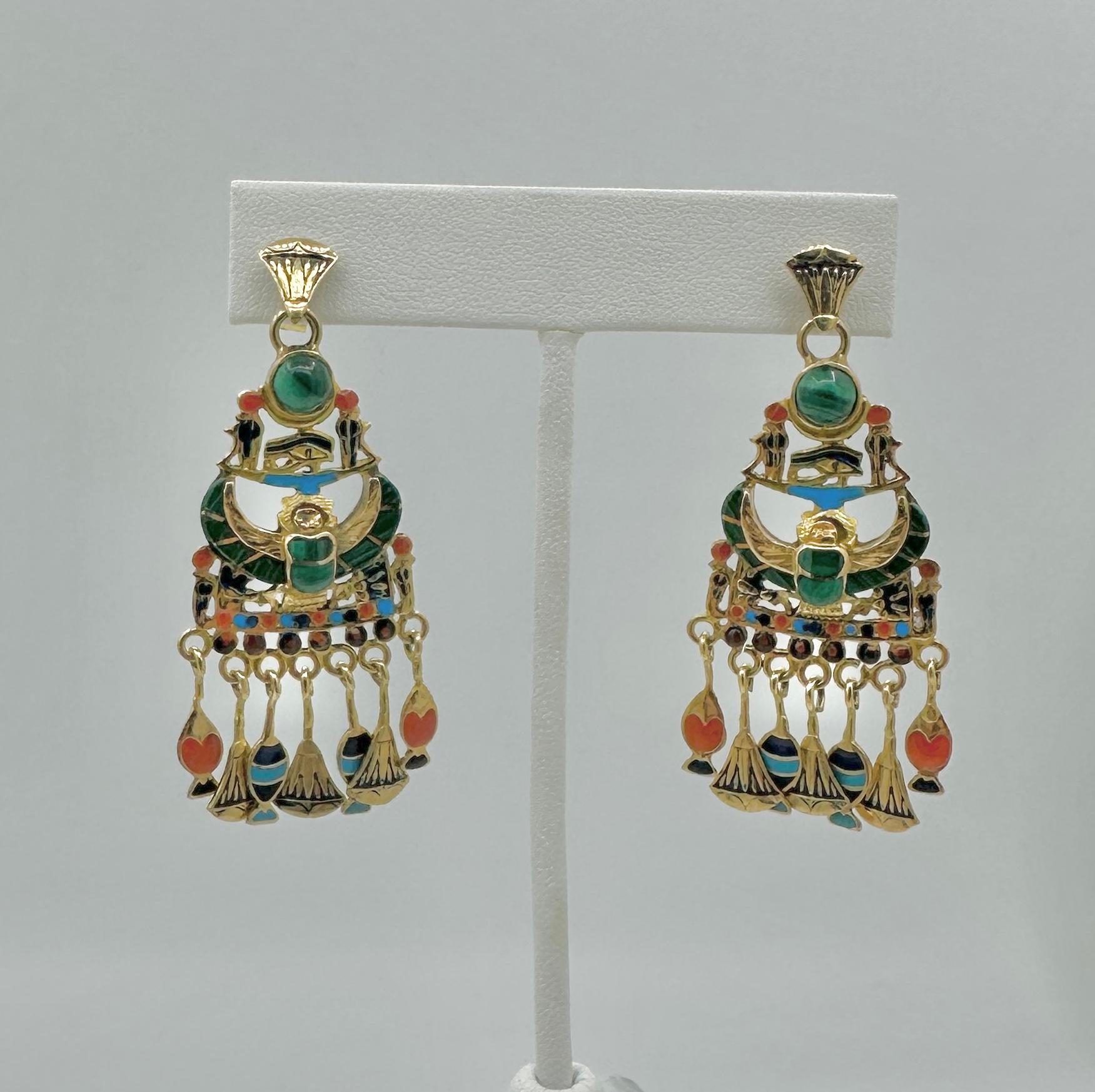 Mixed Cut Egyptian Revival Earrings Enamel Malachite 18 Karat Gold Scarab Lotus Horus For Sale