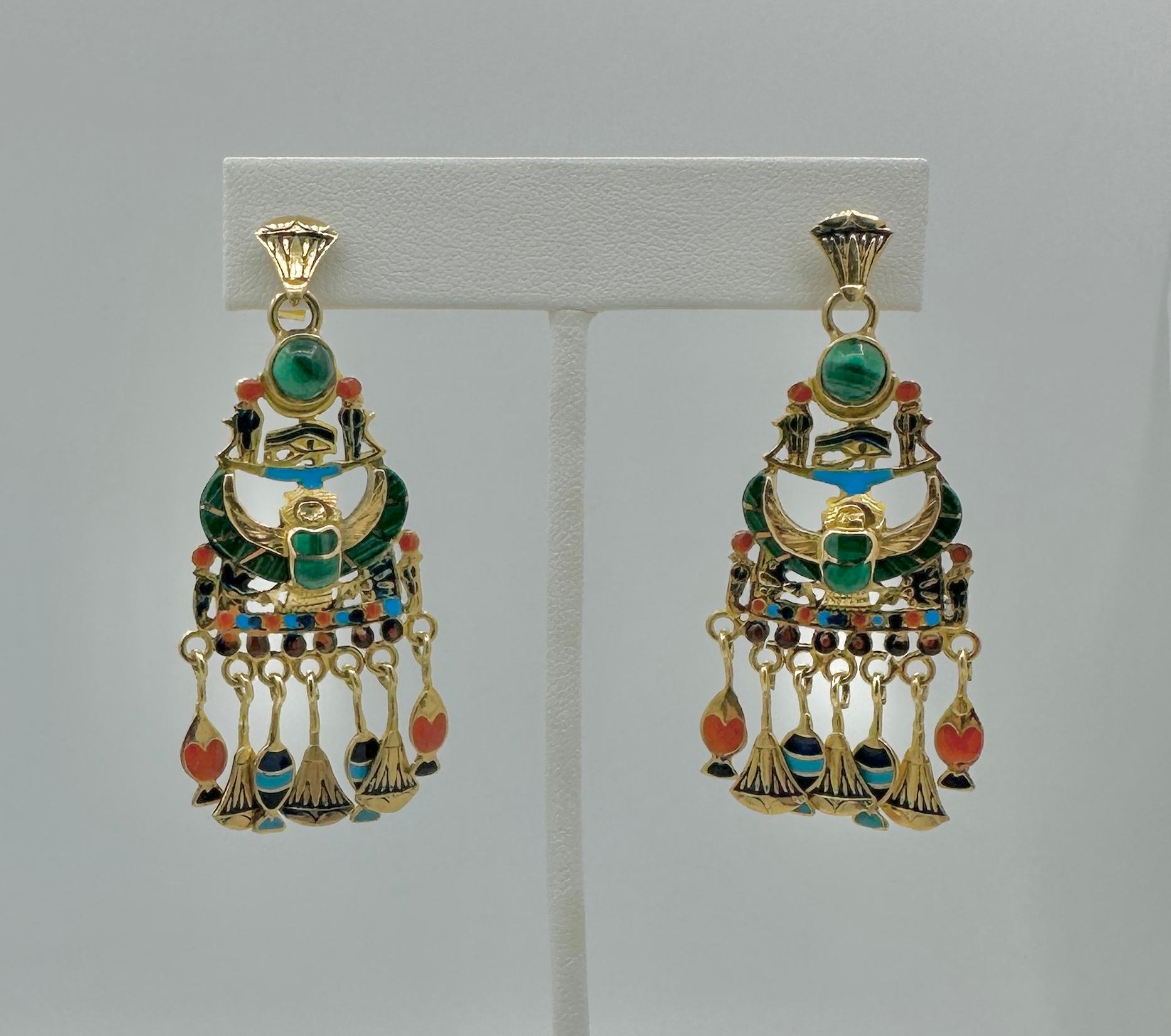 Women's or Men's Egyptian Revival Earrings Enamel Malachite 18 Karat Gold Scarab Lotus Horus For Sale