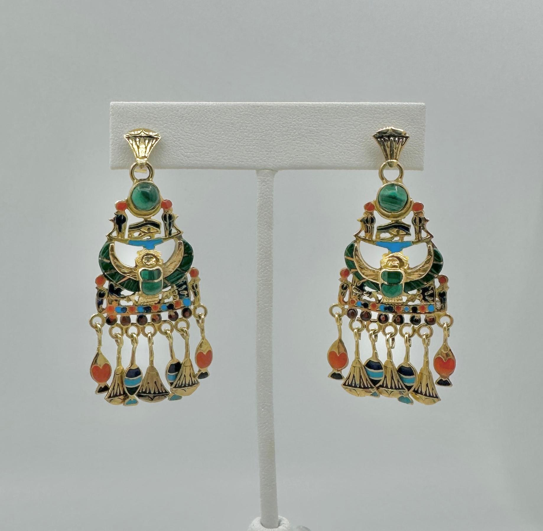 Egyptian Revival Earrings Enamel Malachite 18 Karat Gold Scarab Lotus Horus For Sale 1