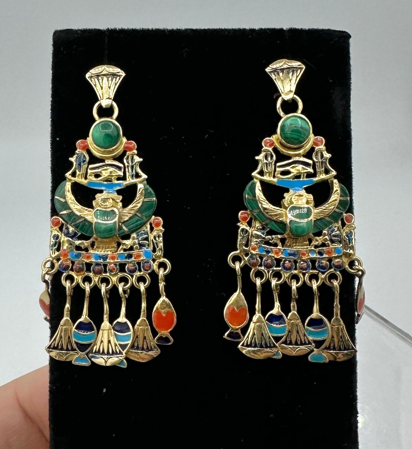 Egyptian Revival Earrings Enamel Malachite 18 Karat Gold Scarab Lotus Horus For Sale 2