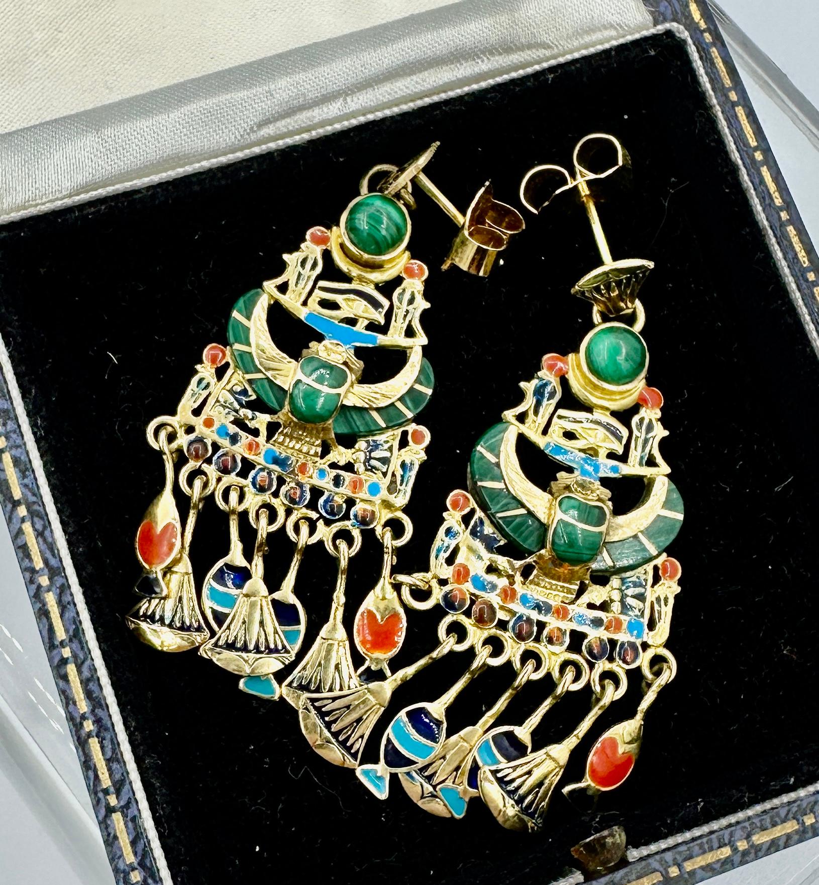 Egyptian Revival Earrings Enamel Malachite 18 Karat Gold Scarab Lotus Horus For Sale 3