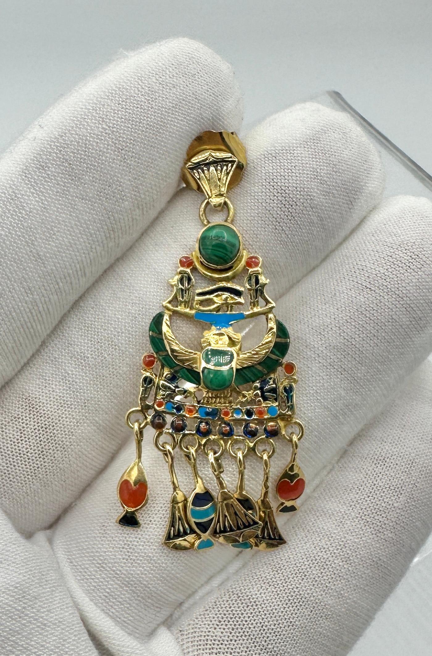 Egyptian Revival Earrings Enamel Malachite 18 Karat Gold Scarab Lotus Horus For Sale 4