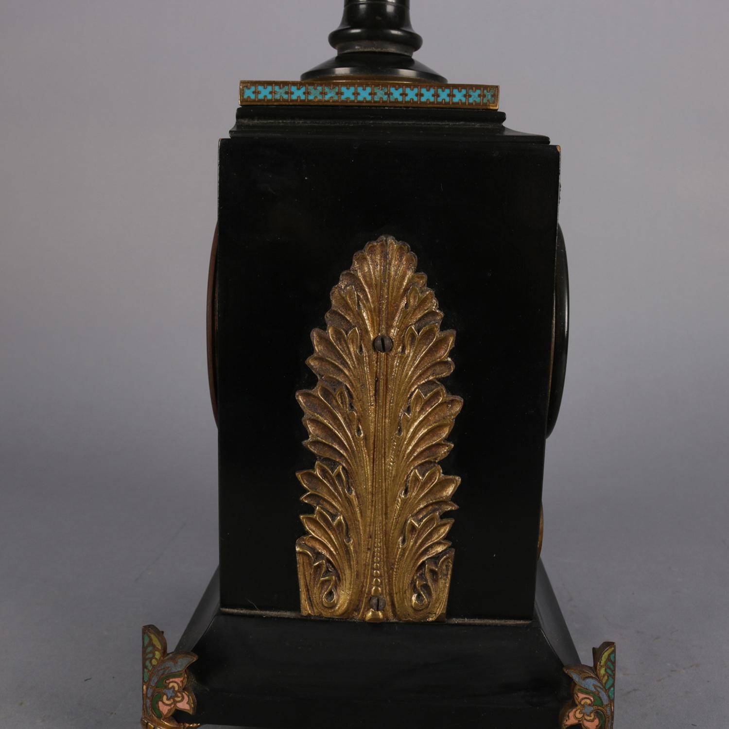 Egyptian Revival Ebonized and Enameled Mantel Clock with Cast Bronze Paw Feet 4