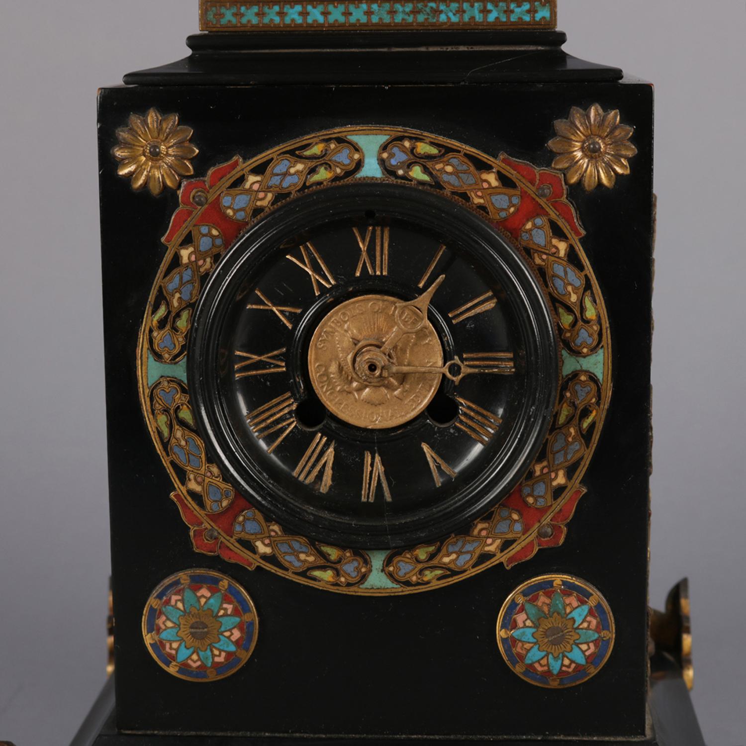 European Egyptian Revival Ebonized and Enameled Mantel Clock with Cast Bronze Paw Feet