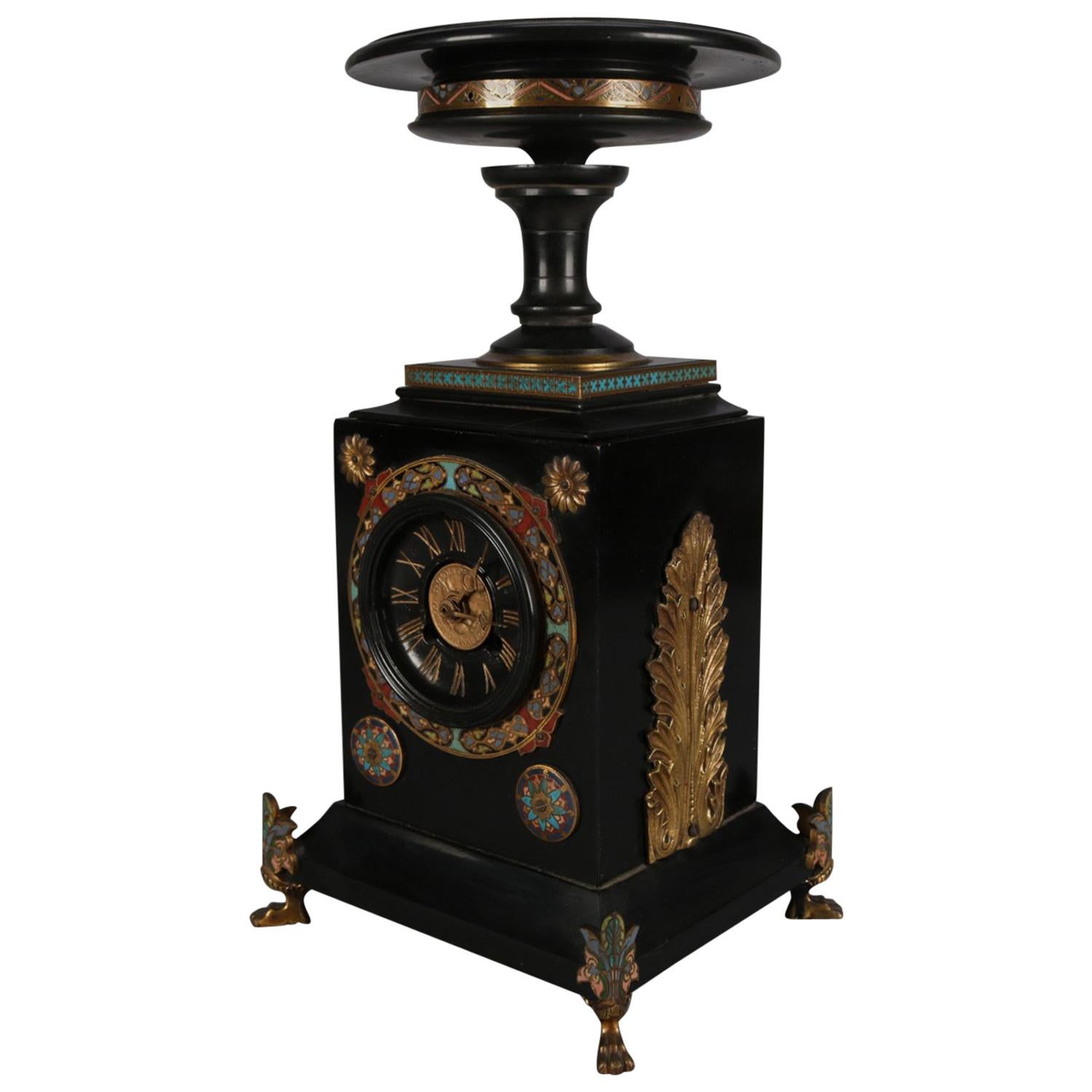 Egyptian Revival Ebonized and Enameled Mantel Clock with Cast Bronze Paw Feet