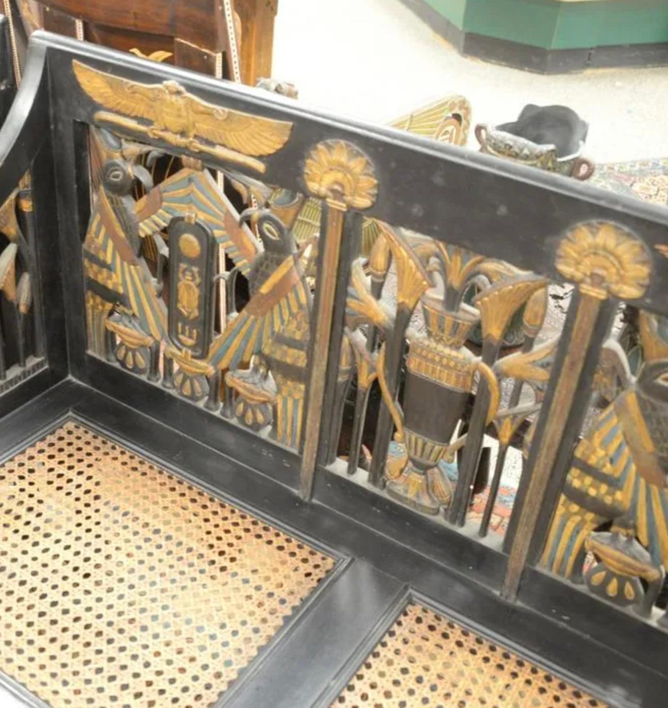 Egyptian Revival Ebonized Settee In Fair Condition For Sale In Dallas, TX