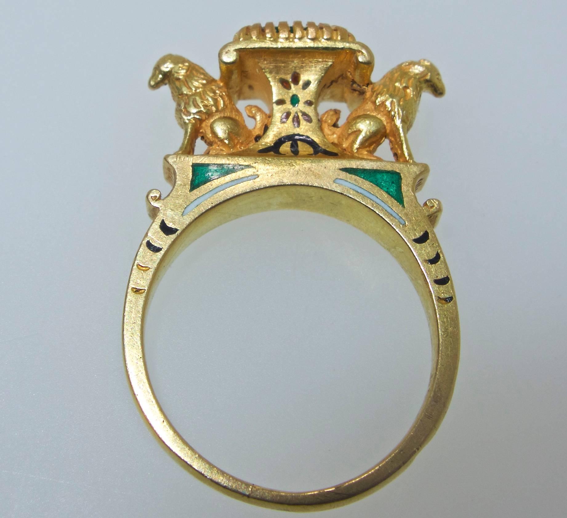 Art Deco Egyptian Revival Emerald and Enamel Ring, French