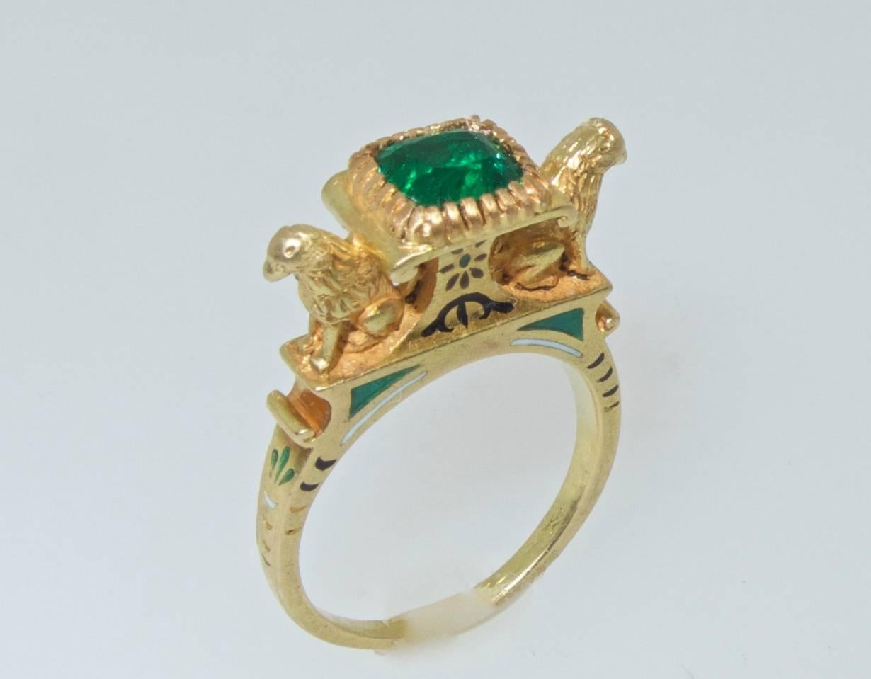 Egyptian Revival Emerald and Enamel Ring, French In Excellent Condition In Aspen, CO