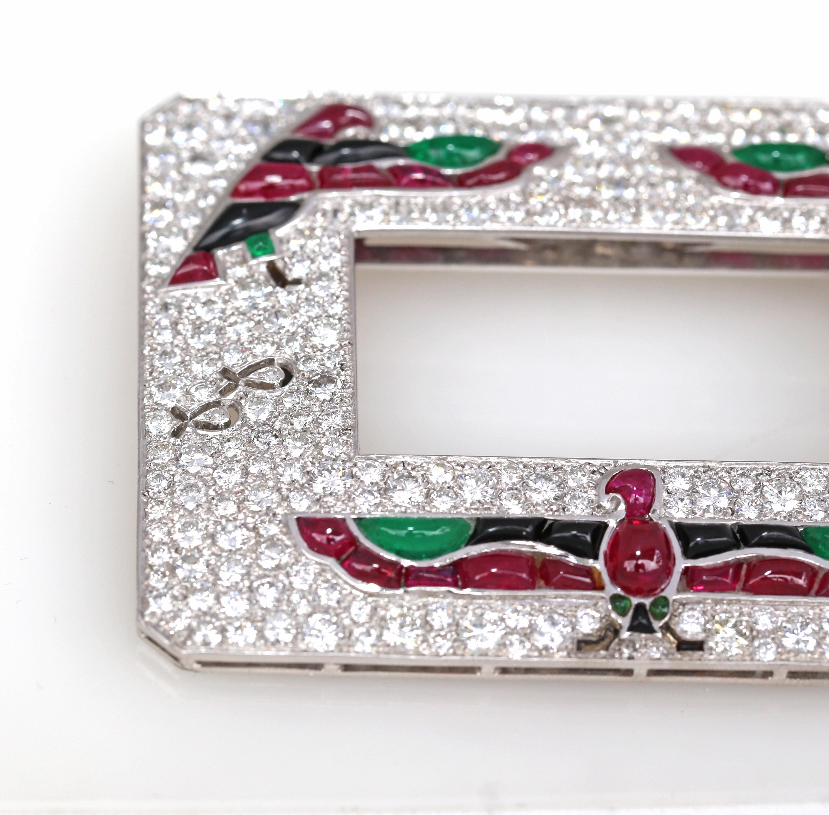 Cabochon Egyptian Revival Emerald Sapphire Ruby Diamond White Gold Brooch, 1990
