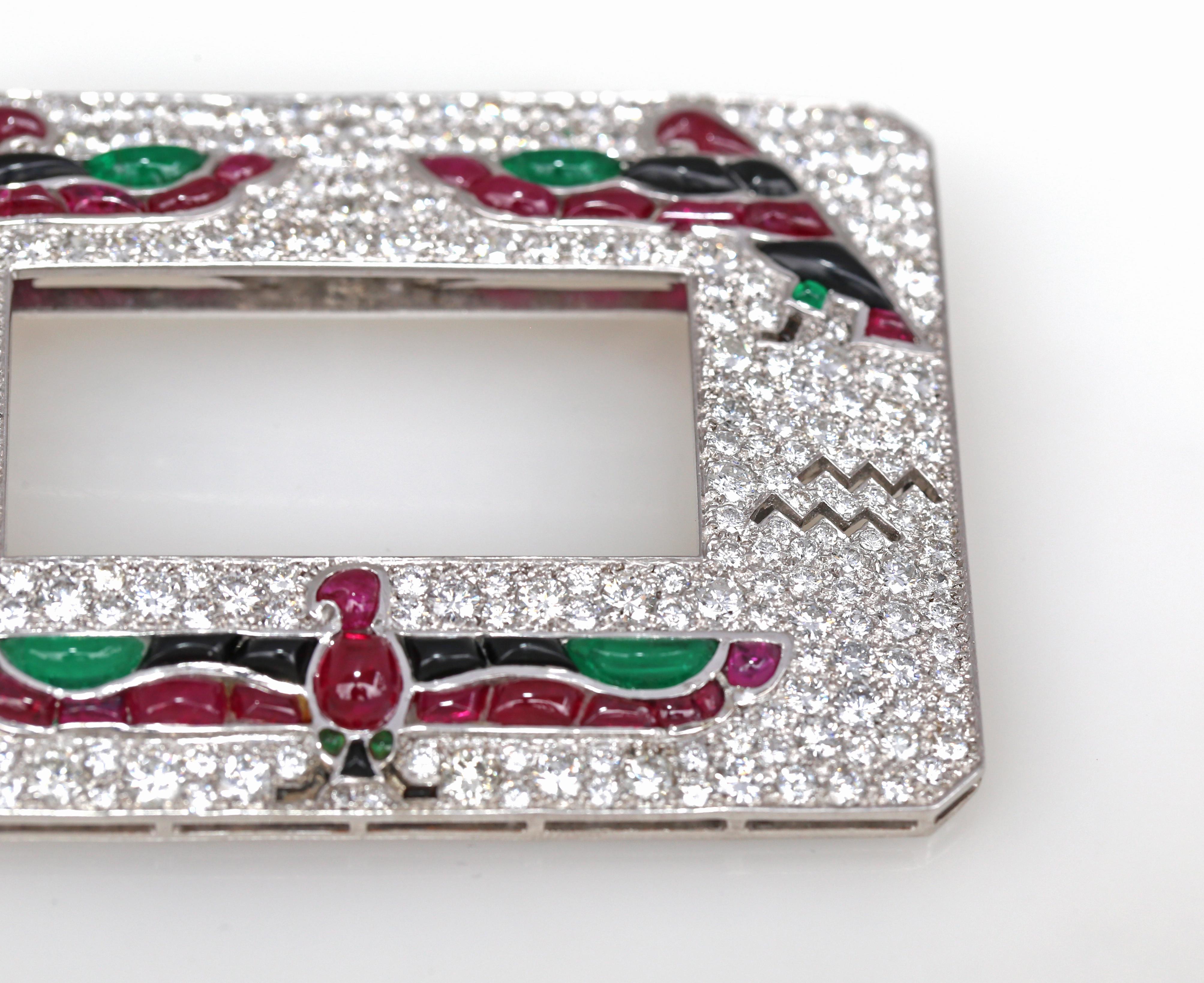 Egyptian Revival Emerald Sapphire Ruby Diamond White Gold Brooch, 1990 1