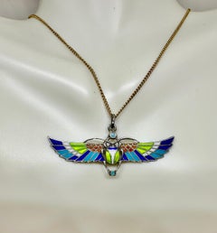 Egyptian Revival Enamel Winged Scarab Insect Pendant Necklace Art Deco Silver