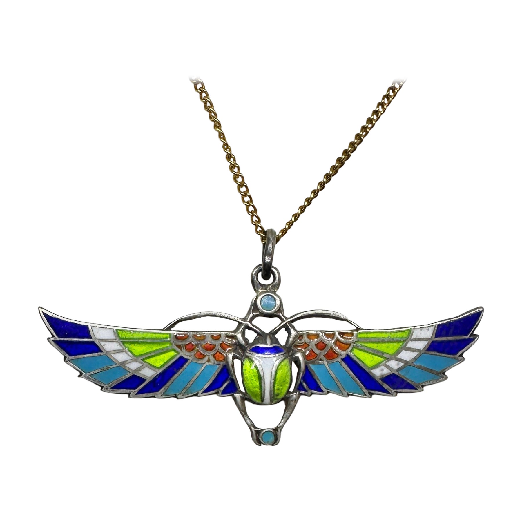 Egyptian Revival Enamel Winged Scarab Insect Pendant Necklace Art Deco Silver For Sale