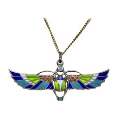 Egyptian Revival Enamel Winged Scarab Insect Pendant Necklace Art Deco Silver