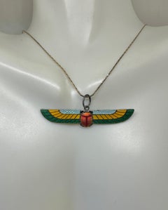 Egyptian Revival Enamel Winged Scarab Insect Pendant Necklace Art Deco Sterling