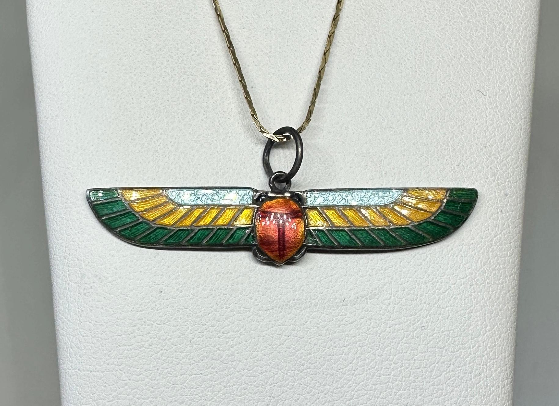 Egyptian Revival Enamel Winged Scarab Insect Pendant Necklace Art Deco Sterling 1