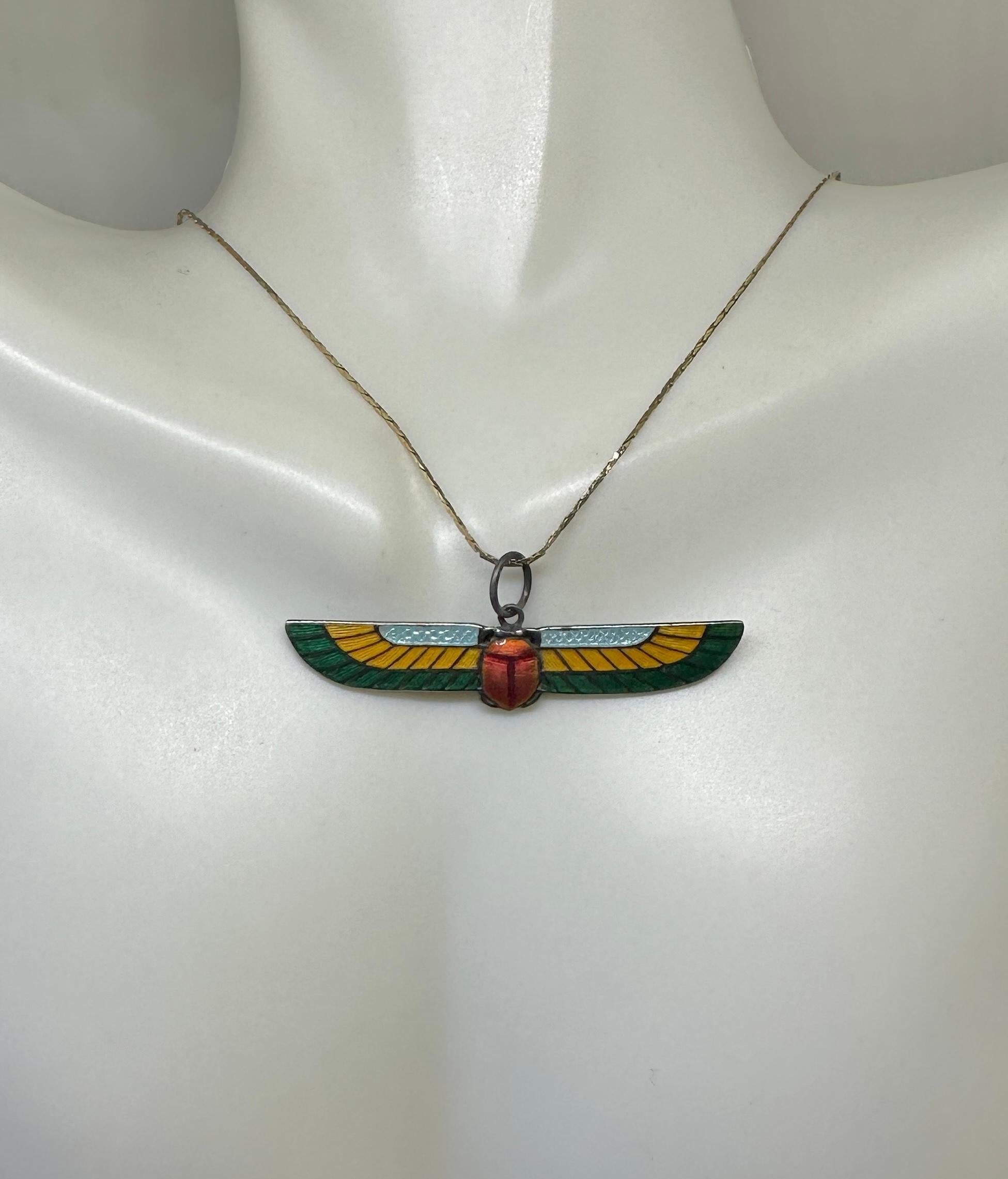 Egyptian Revival Enamel Winged Scarab Insect Pendant Necklace Art Deco Sterling 2