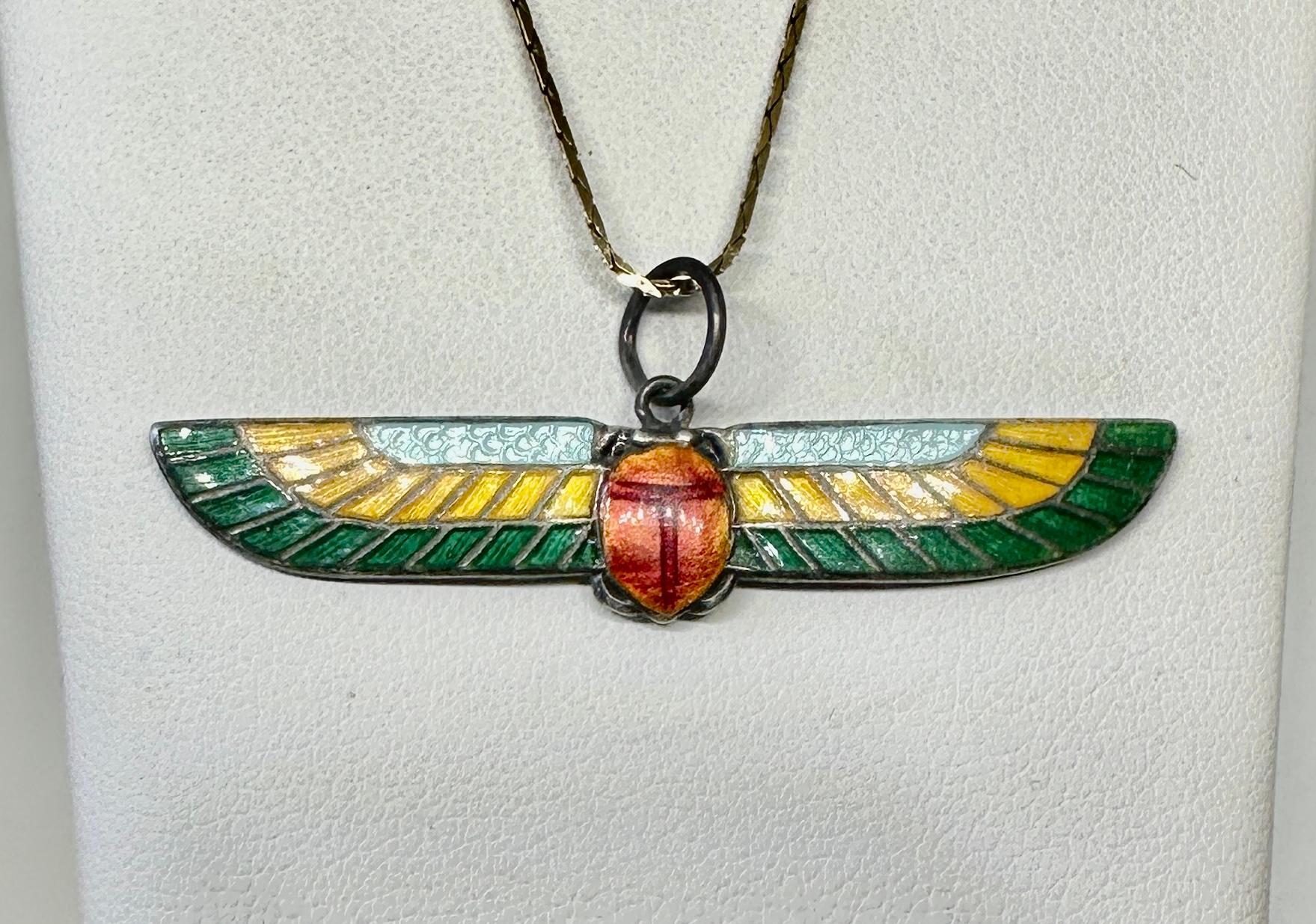 Egyptian Revival Enamel Winged Scarab Insect Pendant Necklace Art Deco Sterling 3