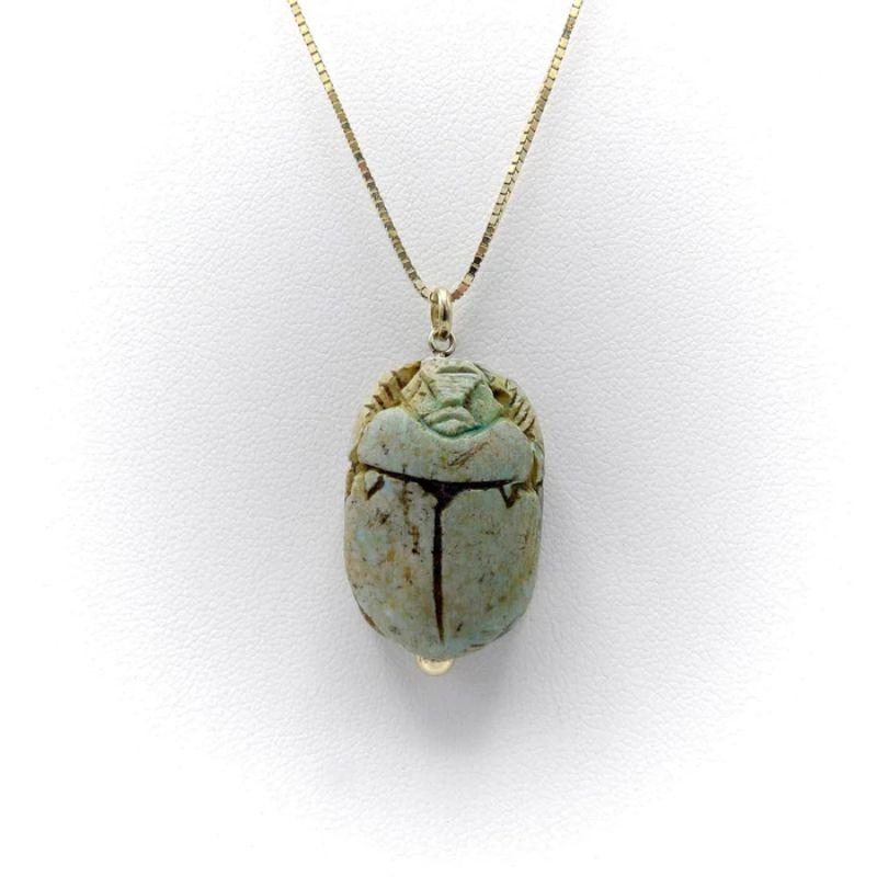 Egyptian Revival Faience Scarab Pendant with 14K Gold Mount, 1920's 3