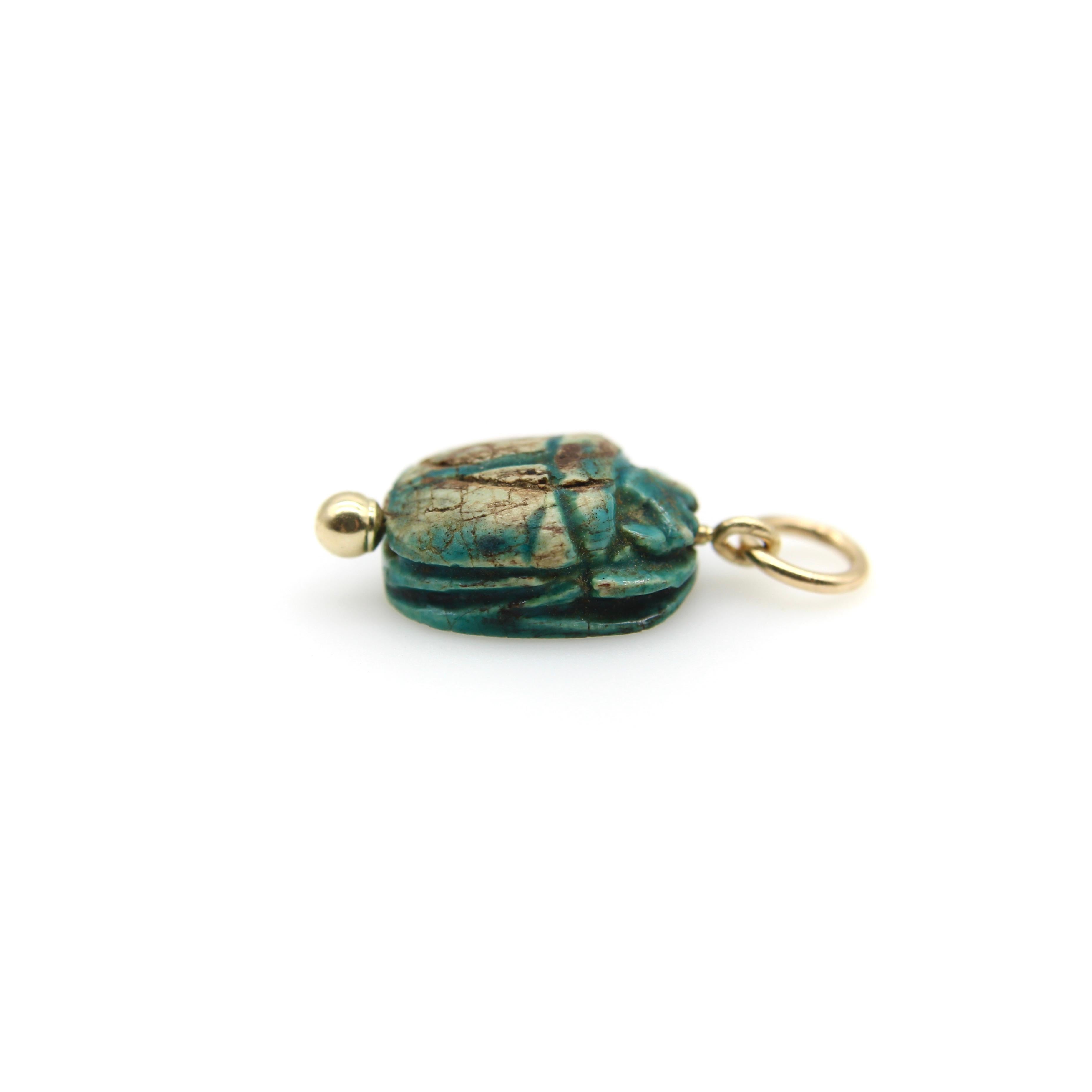 Egyptian Revival Faience Turquoise and Brown Scarab Pendant with 14K Gold Mount  In Good Condition For Sale In Venice, CA