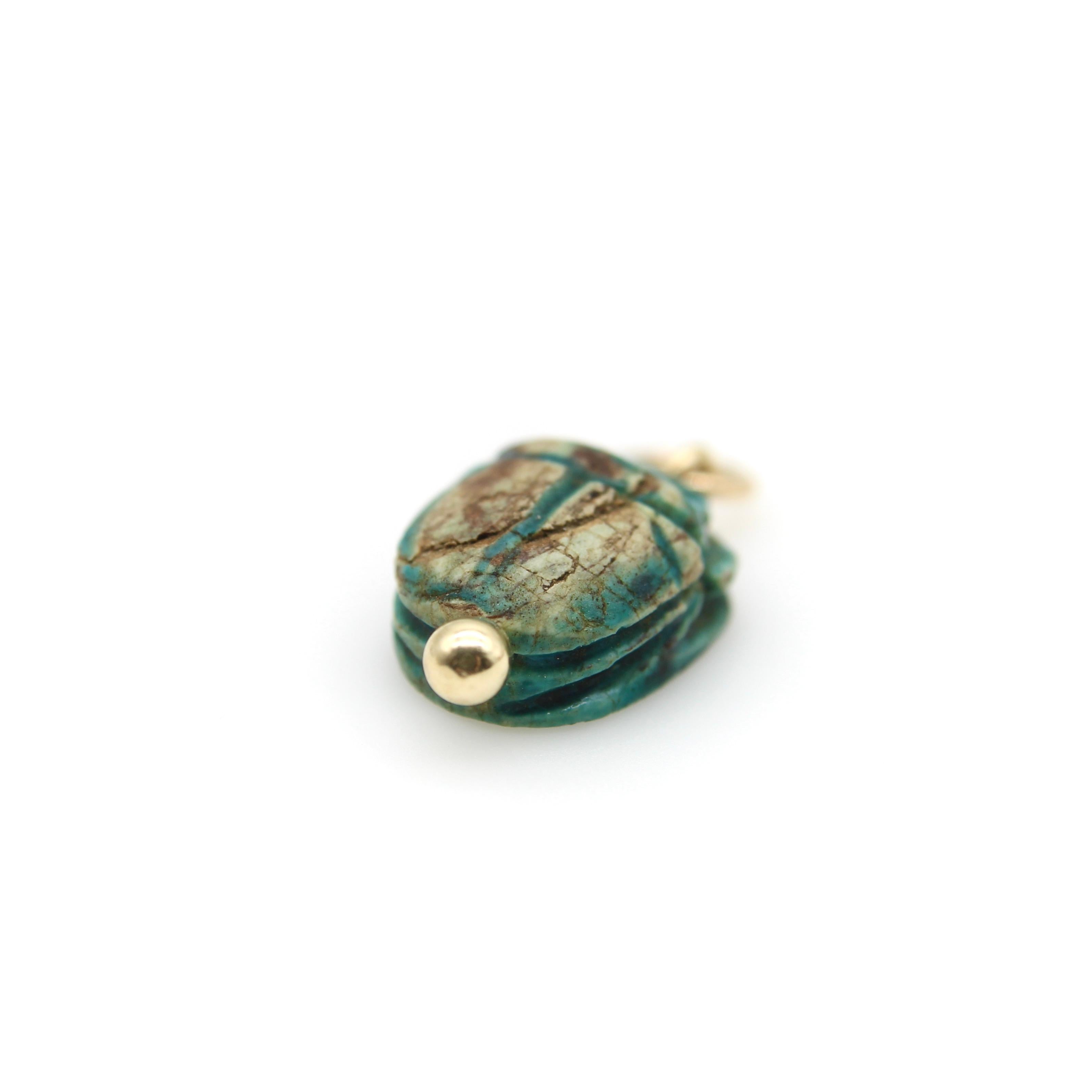 Women's or Men's Egyptian Revival Faience Turquoise and Brown Scarab Pendant with 14K Gold Mount  For Sale