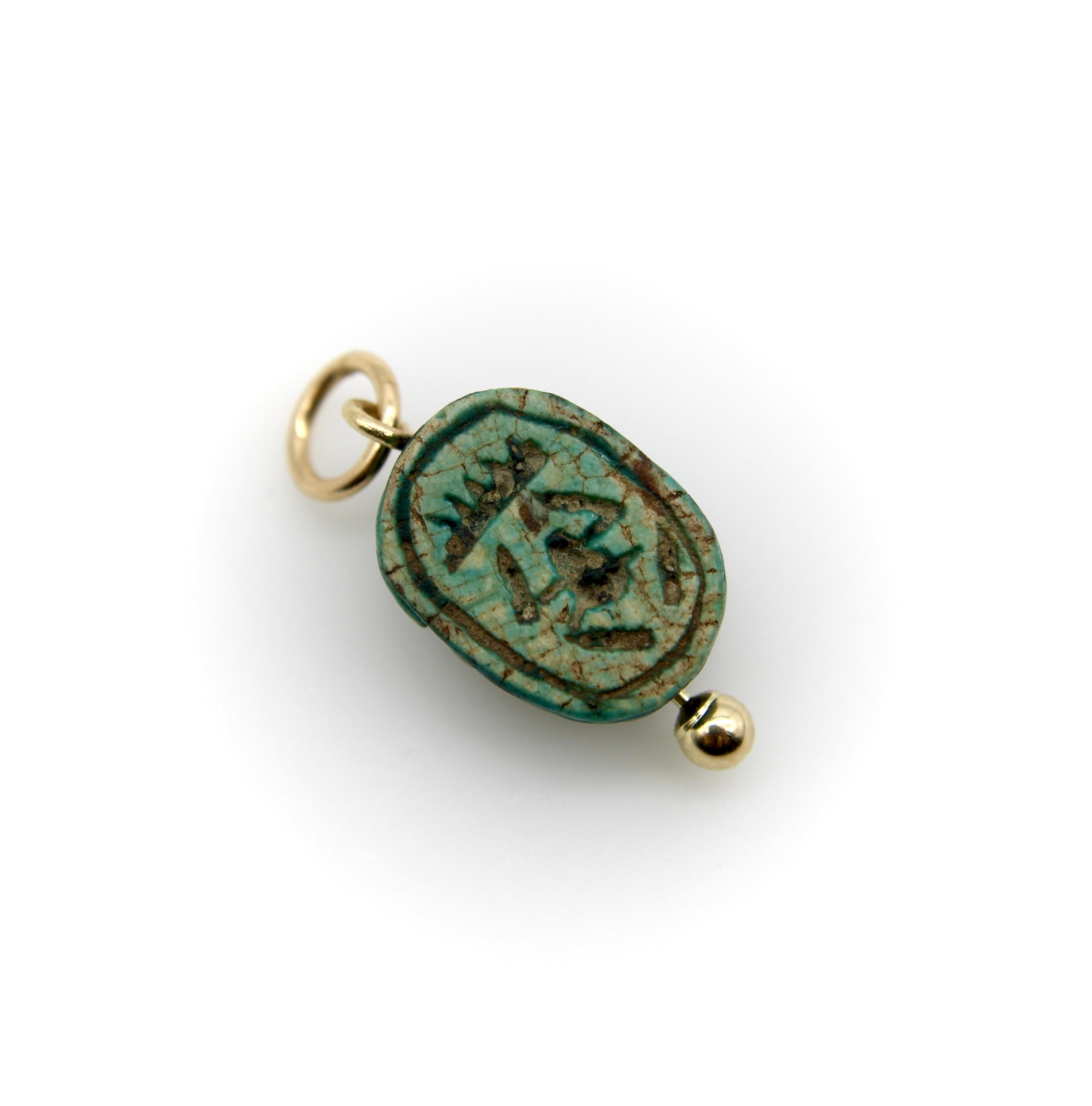 Egyptian Revival Faience Turquoise and Brown Scarab Pendant with 14K Gold Mount  For Sale 1
