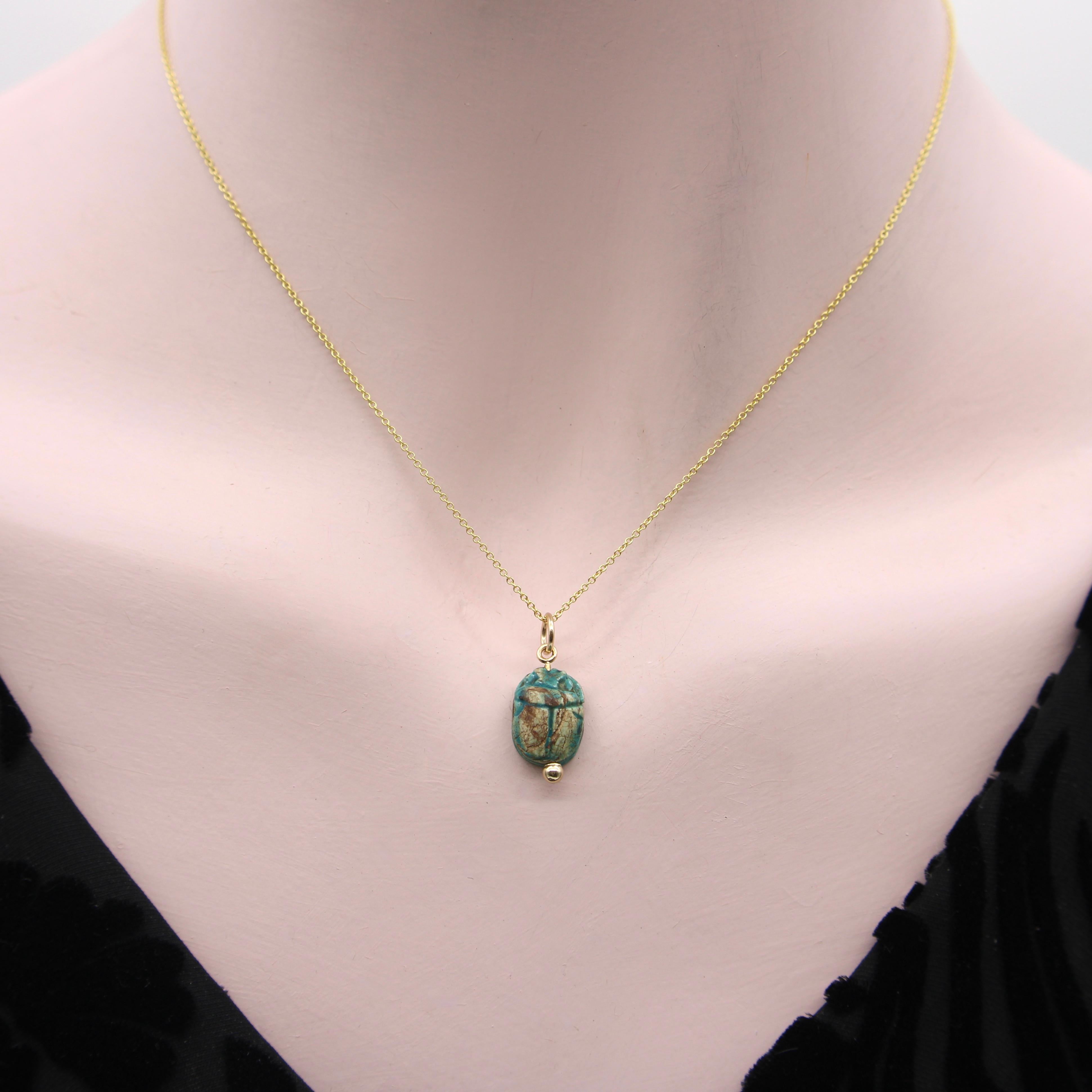 Egyptian Revival Faience Turquoise and Brown Scarab Pendant with 14K Gold Mount  For Sale 5