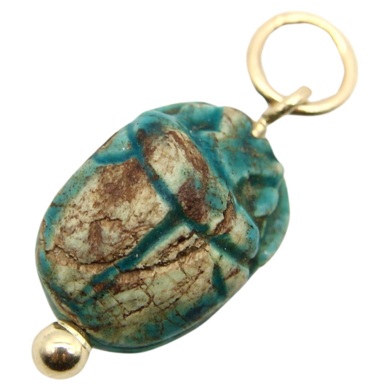 Egyptian Revival Faience Turquoise and Brown Scarab Pendant with 14K Gold Mount  For Sale