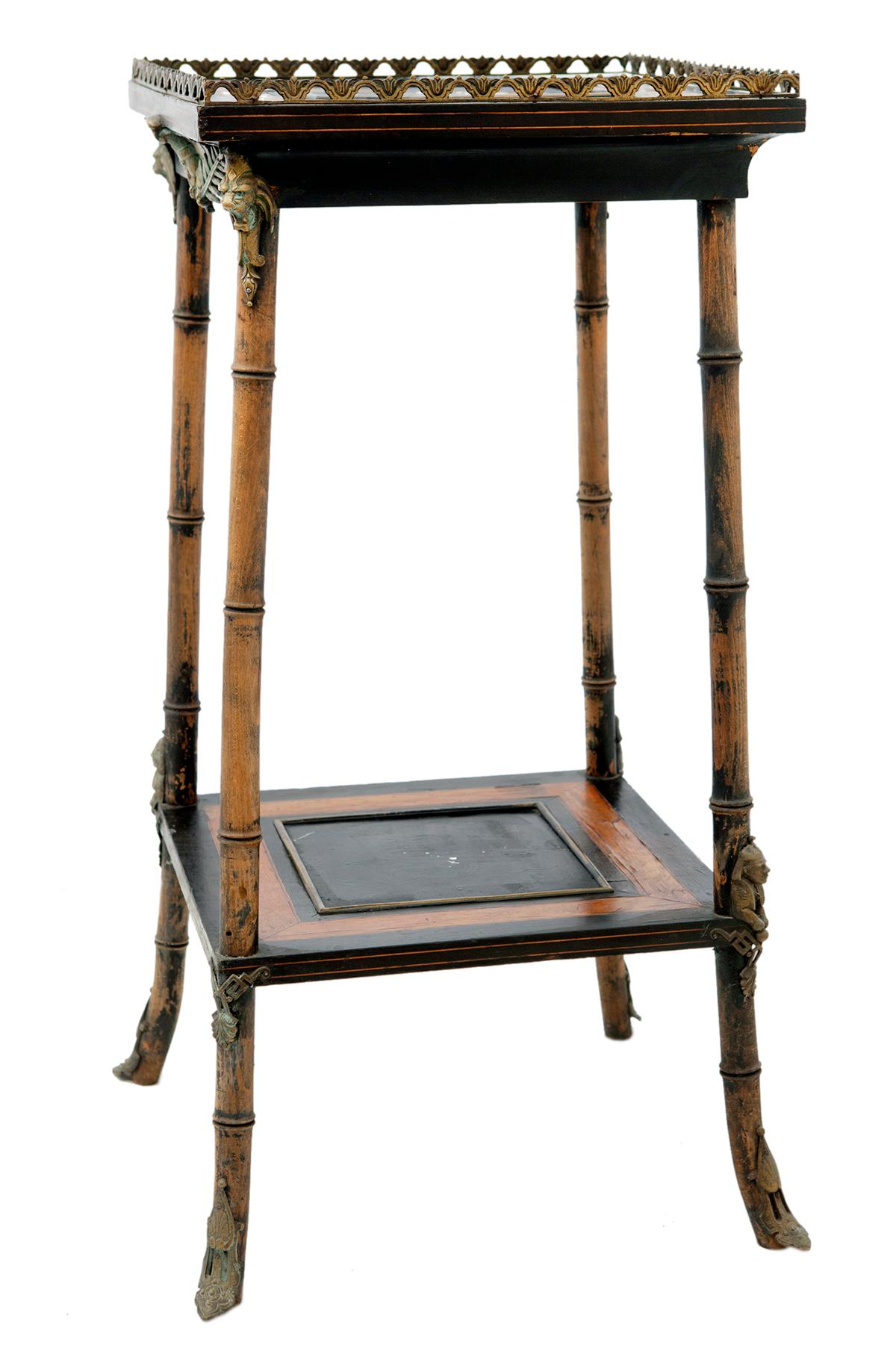 Marquetry Egyptian Revival Plant Stand with Inlaid Tile Top & Bronze Cage Trim. For Sale