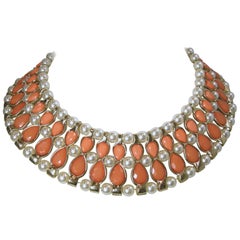 Egyptian Revival Faux Coral And Faux Pearl Collar Necklace