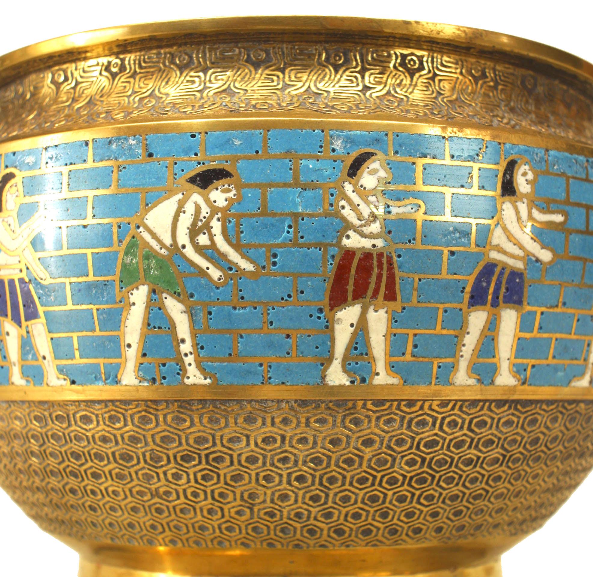 20th century Egyptian Revival brass and cloissone bowl decorated with hieroglyphic-inspired figures against a blue background.