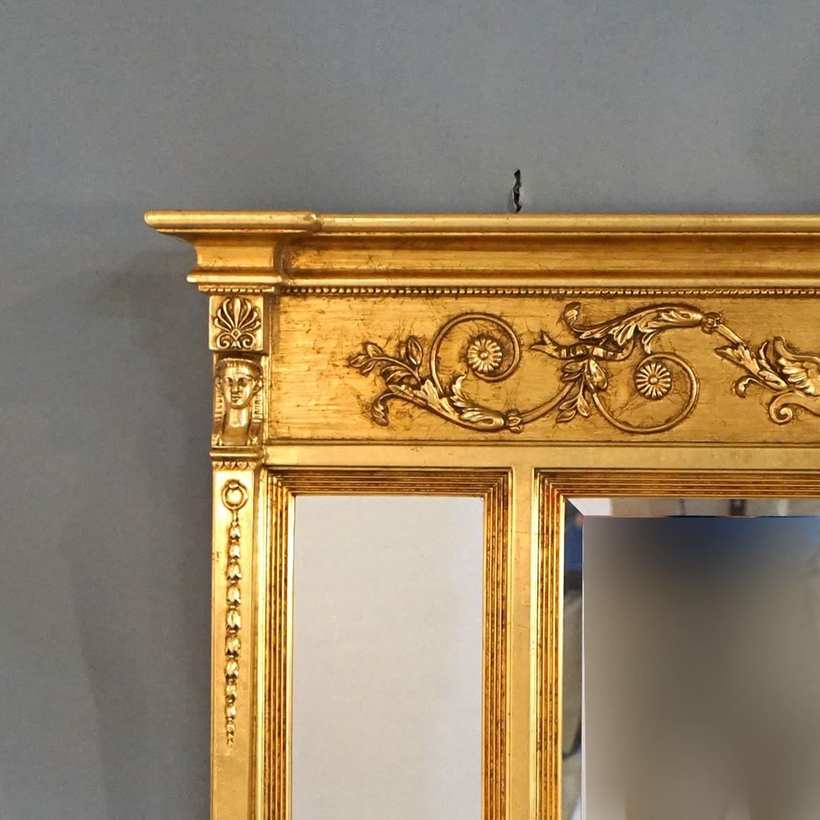 Egyptian Revival Figural Triptych Three-Section Gold Giltwood Wall Mirror 19th C In Good Condition In Big Flats, NY