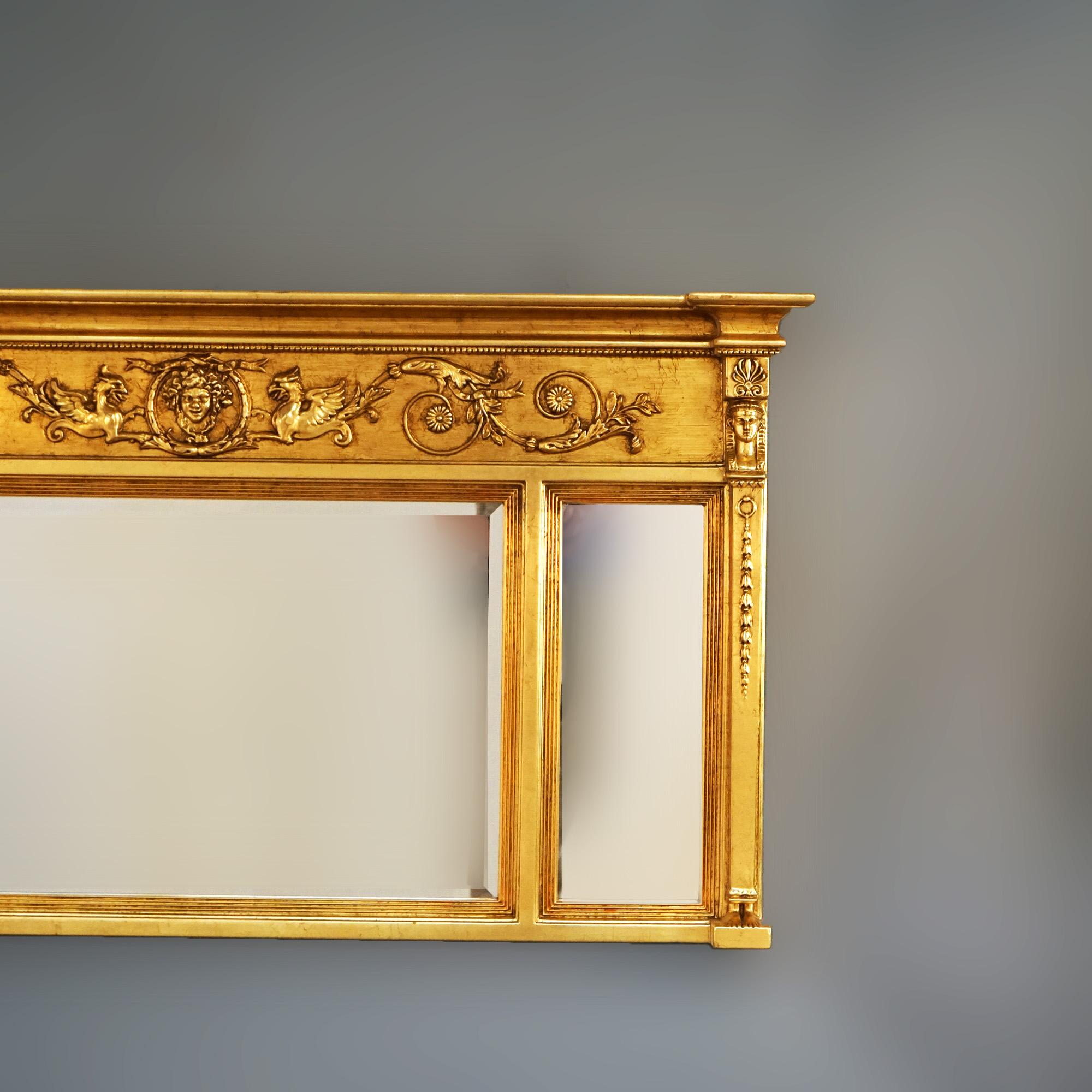 19th Century Egyptian Revival Figural Triptych Three-Section Gold Giltwood Wall Mirror 19th C