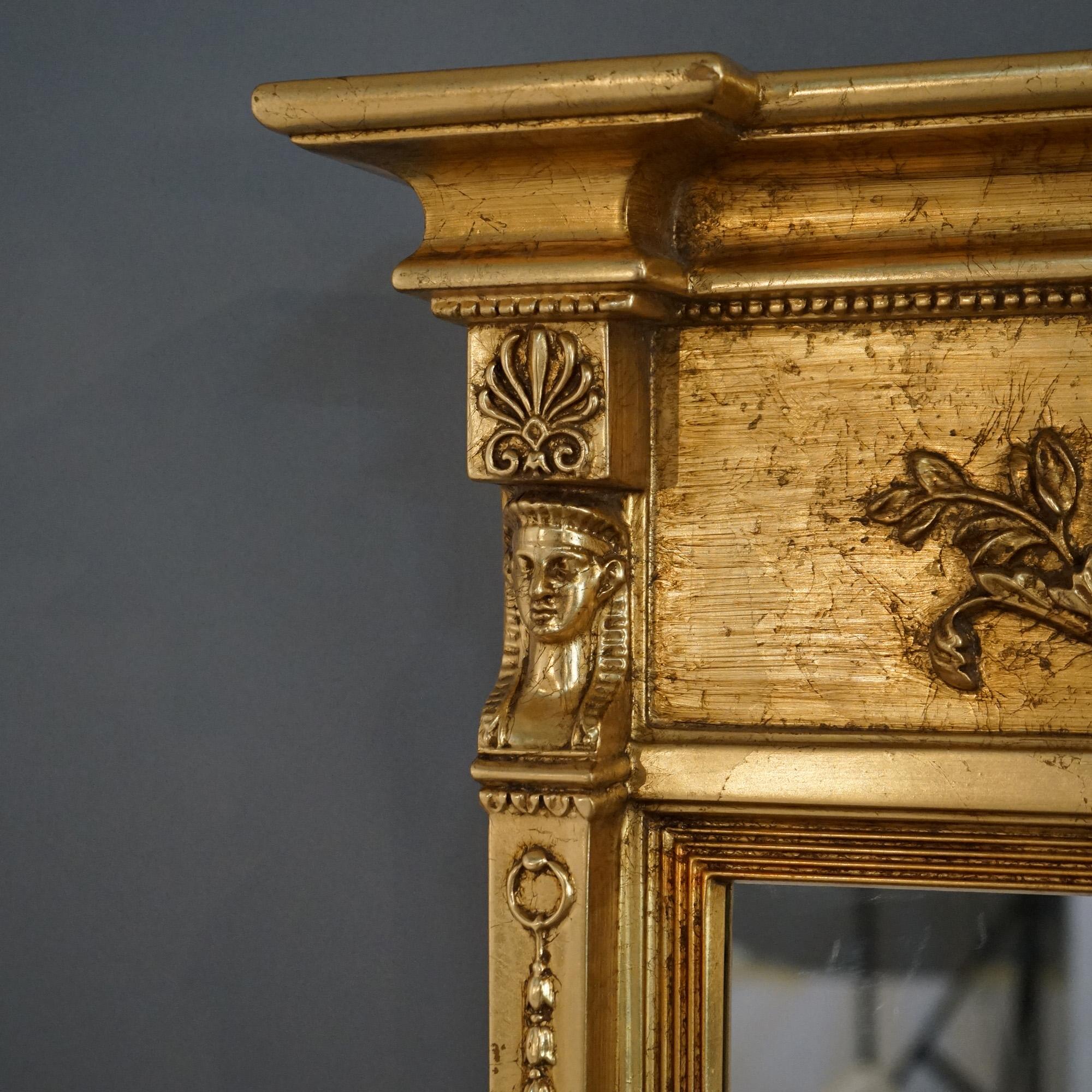 Egyptian Revival Figural Triptych Three-Section Gold Giltwood Wall Mirror 19th C 3