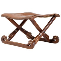 Egyptian Revival Folding Stool, Oak, Bone and Ebony Inlay, Leather, French